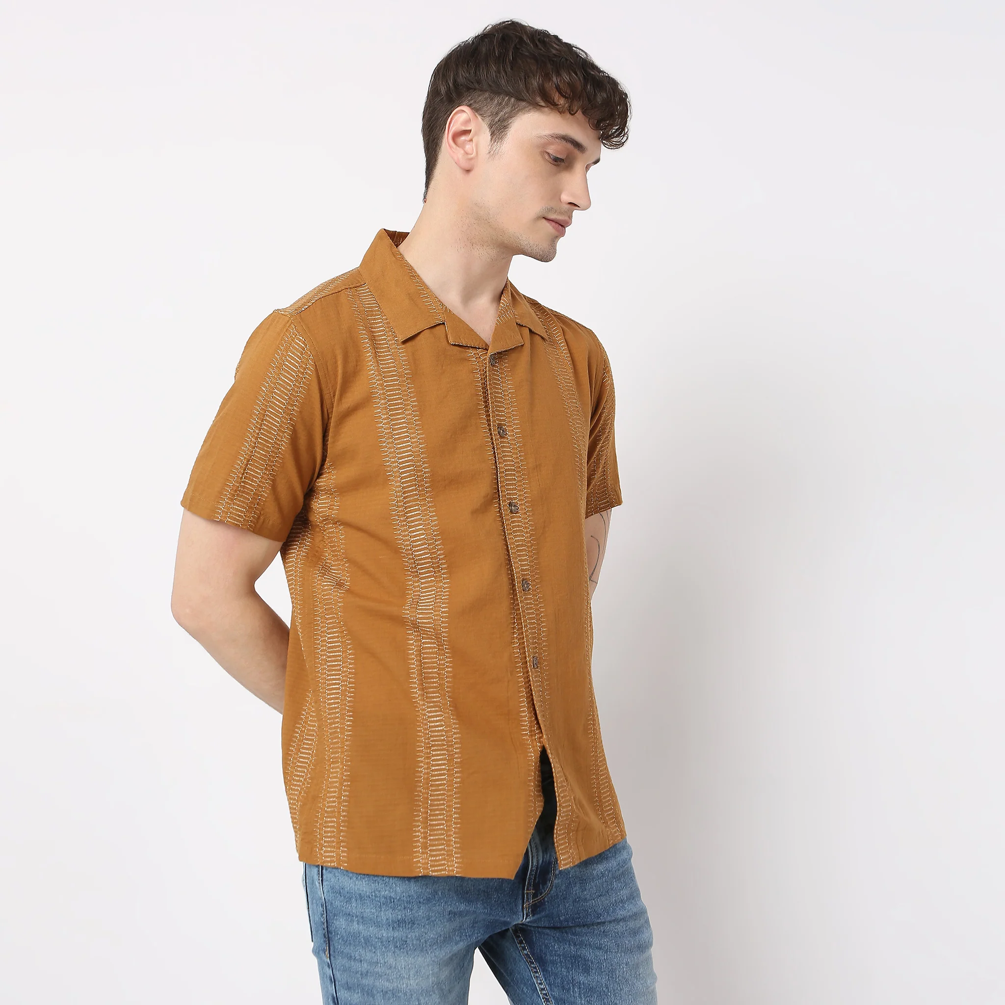 Jacquard Short Length Camp Collar Half Sleeve Shirt - Image 10