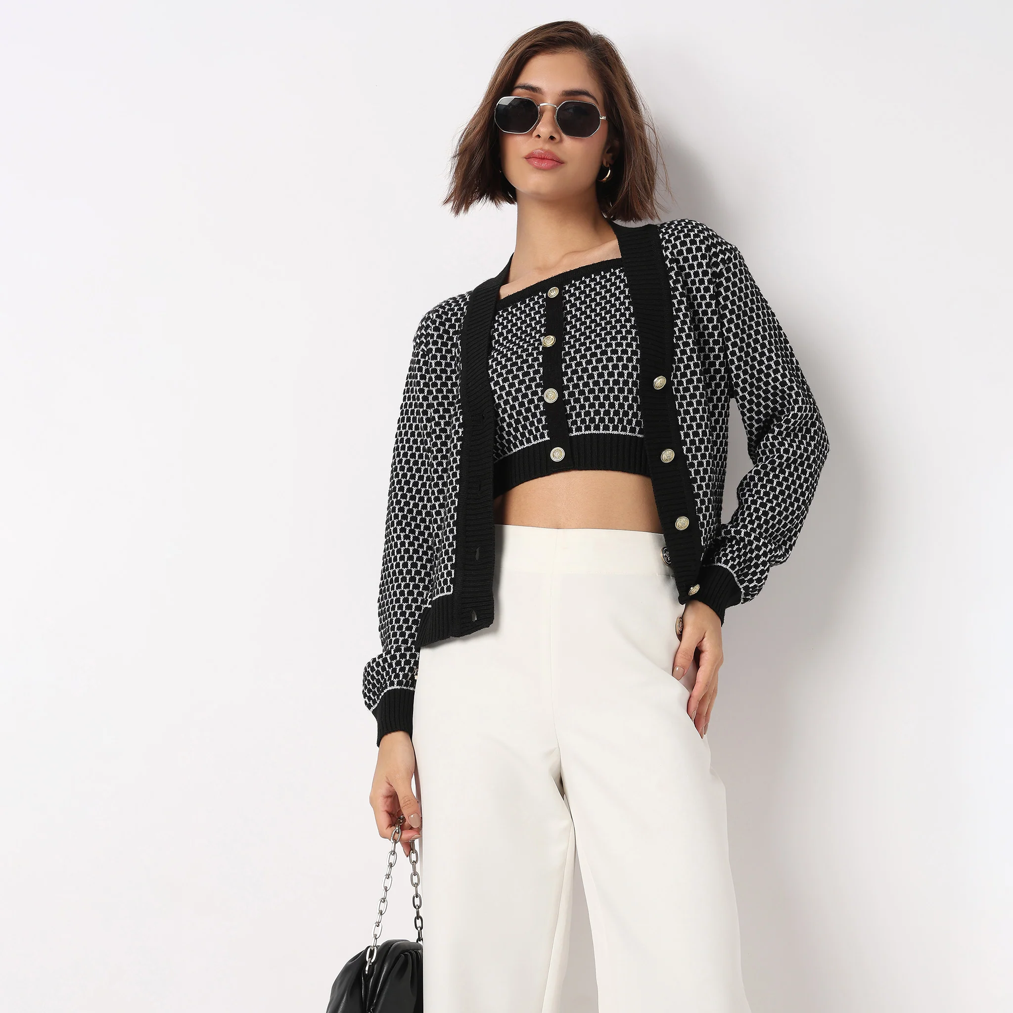 Jacquard V-Neck Top With Jacket - Image 2