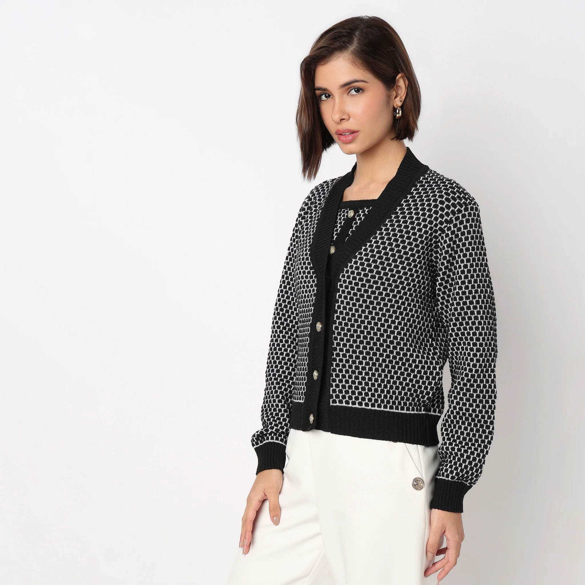 Jacquard V-Neck Top With Jacket - Image 5