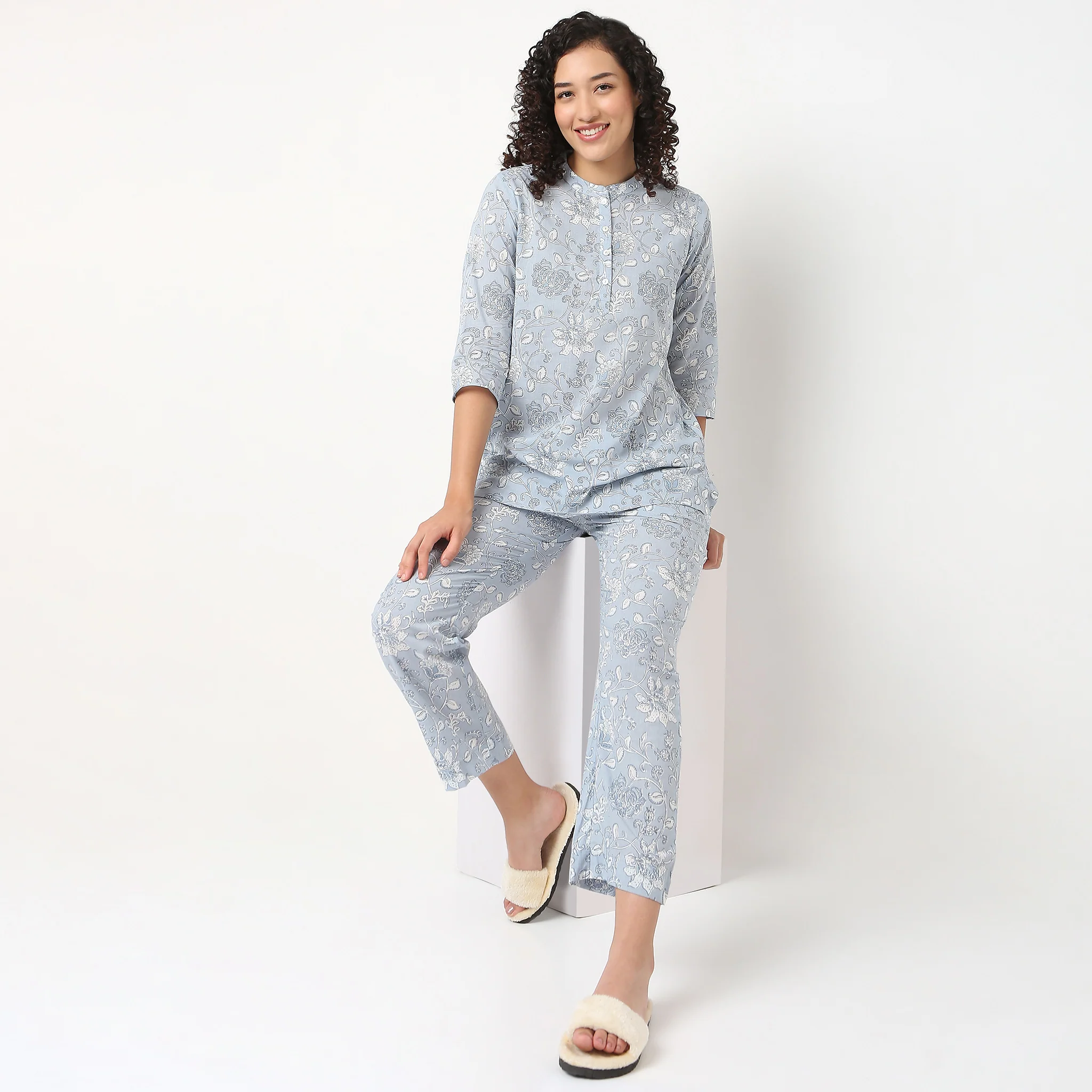 Jaipuri Floral Printed Kurta and Pyjama Sleepwear Set