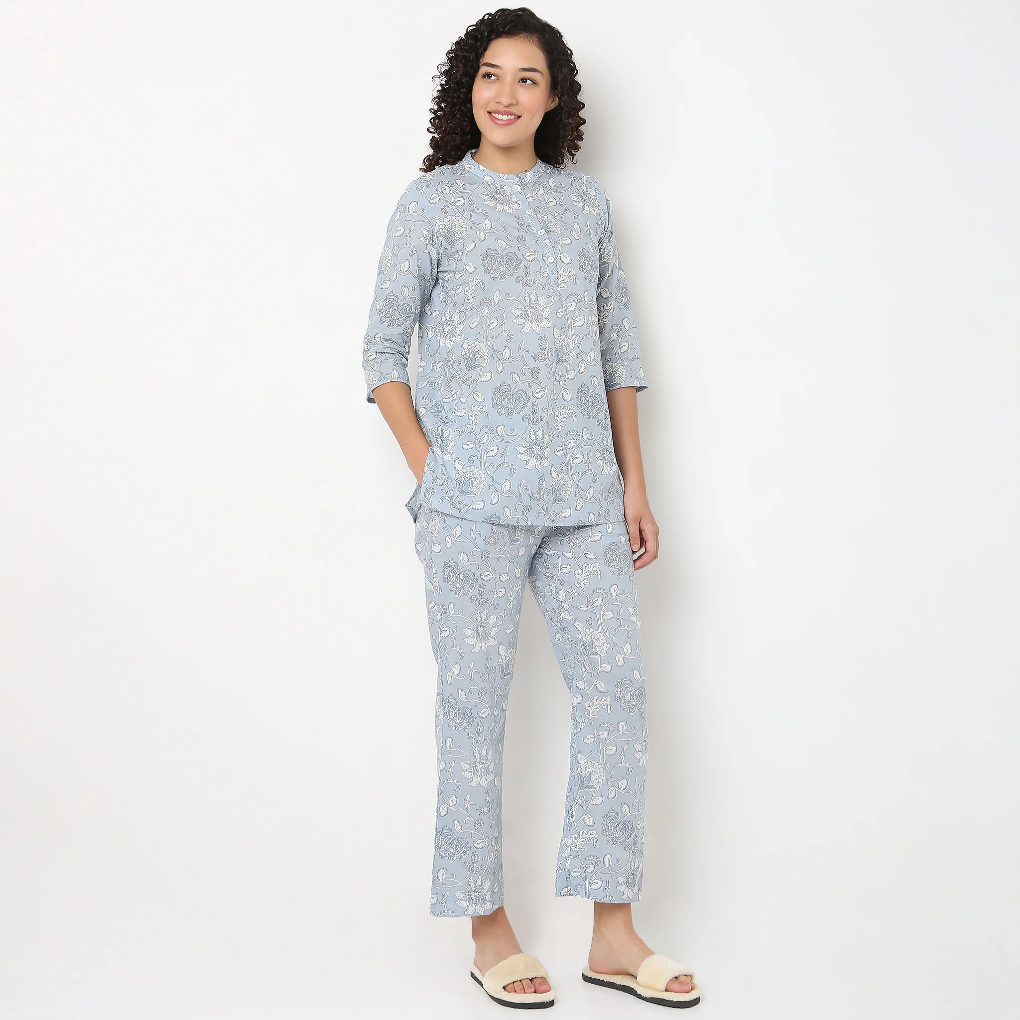 Jaipuri Floral Printed Kurta and Pyjama Sleepwear Set - Image 2