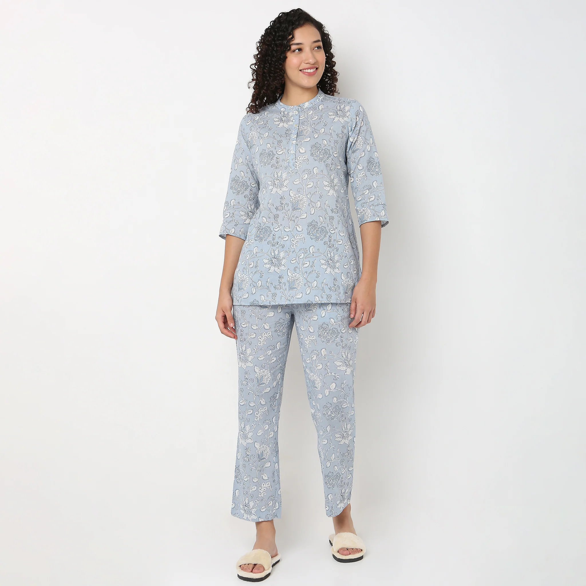 Jaipuri Floral Printed Kurta and Pyjama Sleepwear Set - Image 5