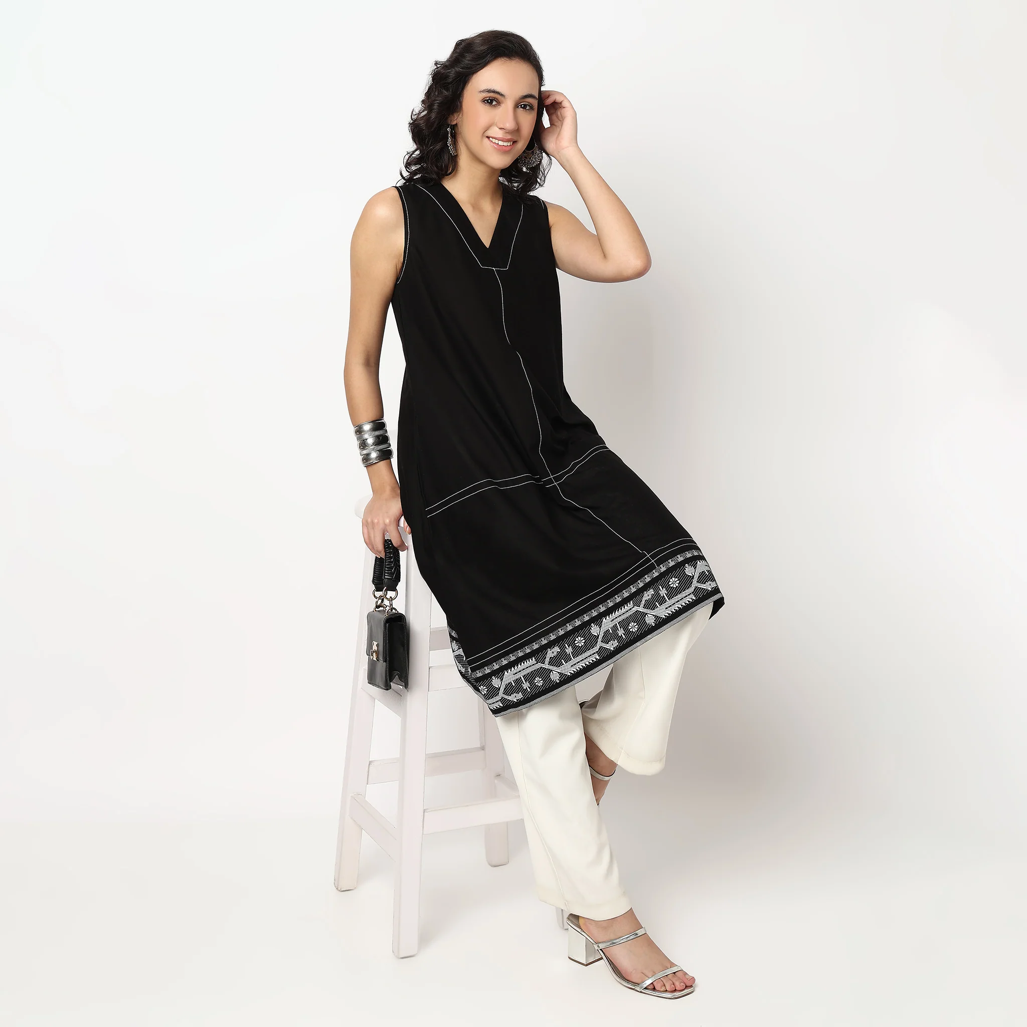 Cotton V Neck A-Line Kurta