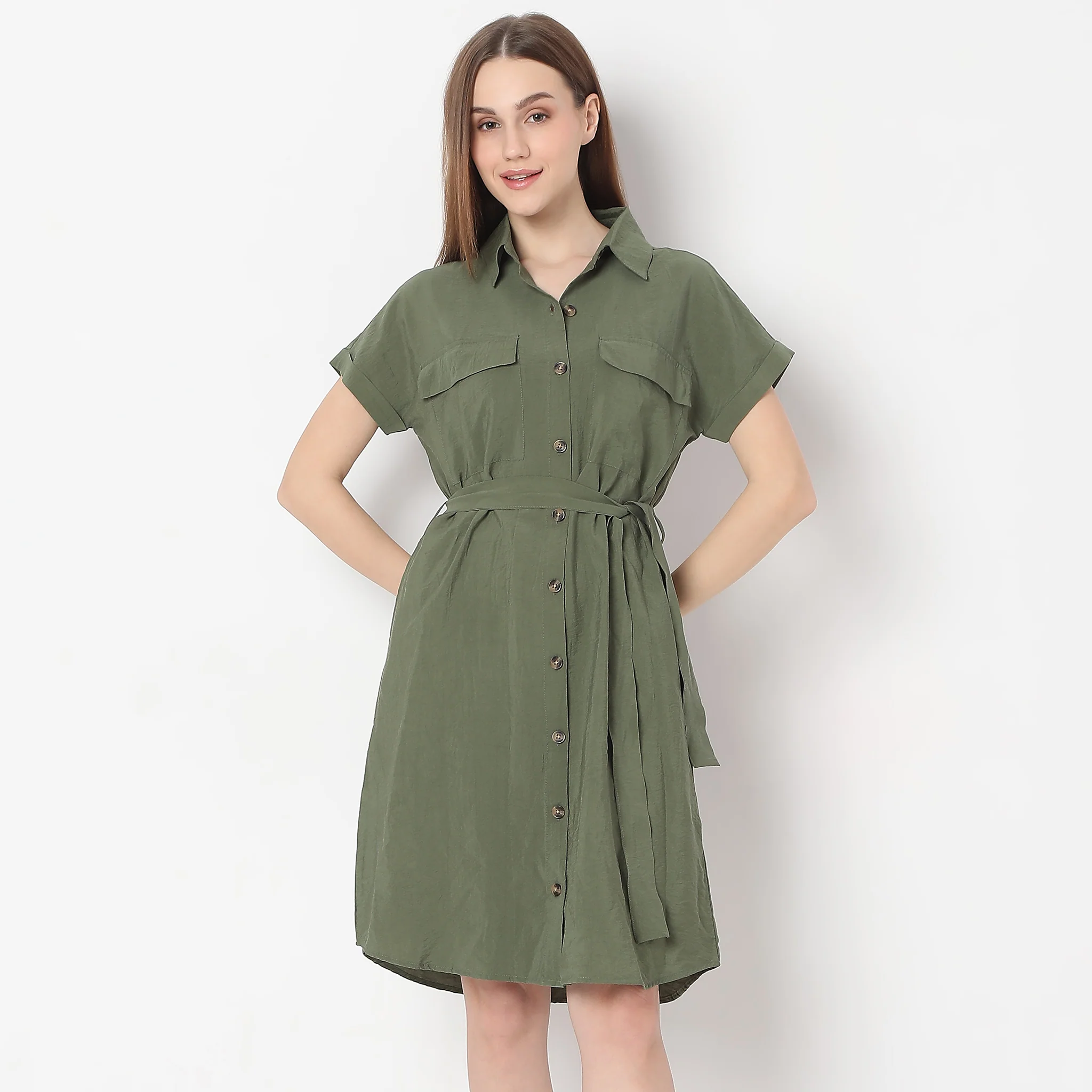 Knee Length Extended Short Sleeve Collar Dress - Image 2