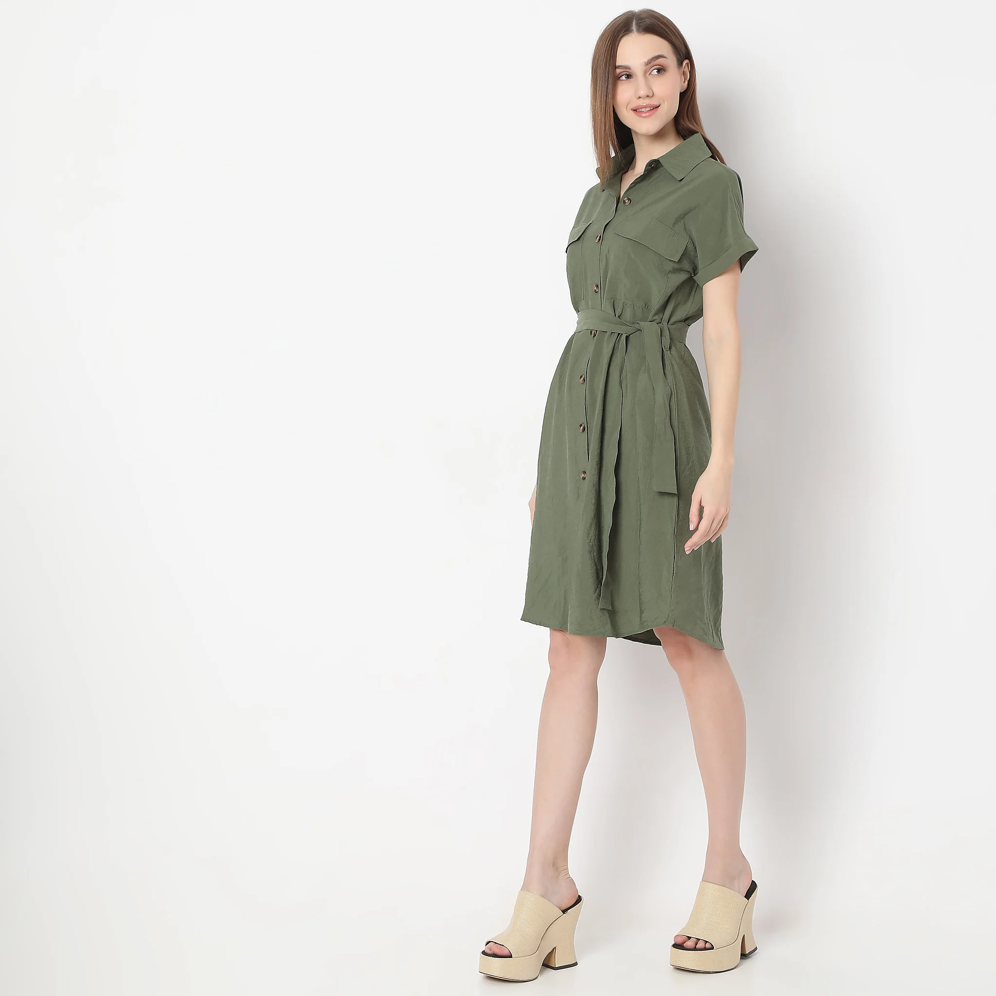 Knee Length Extended Short Sleeve Collar Dress - Image 5
