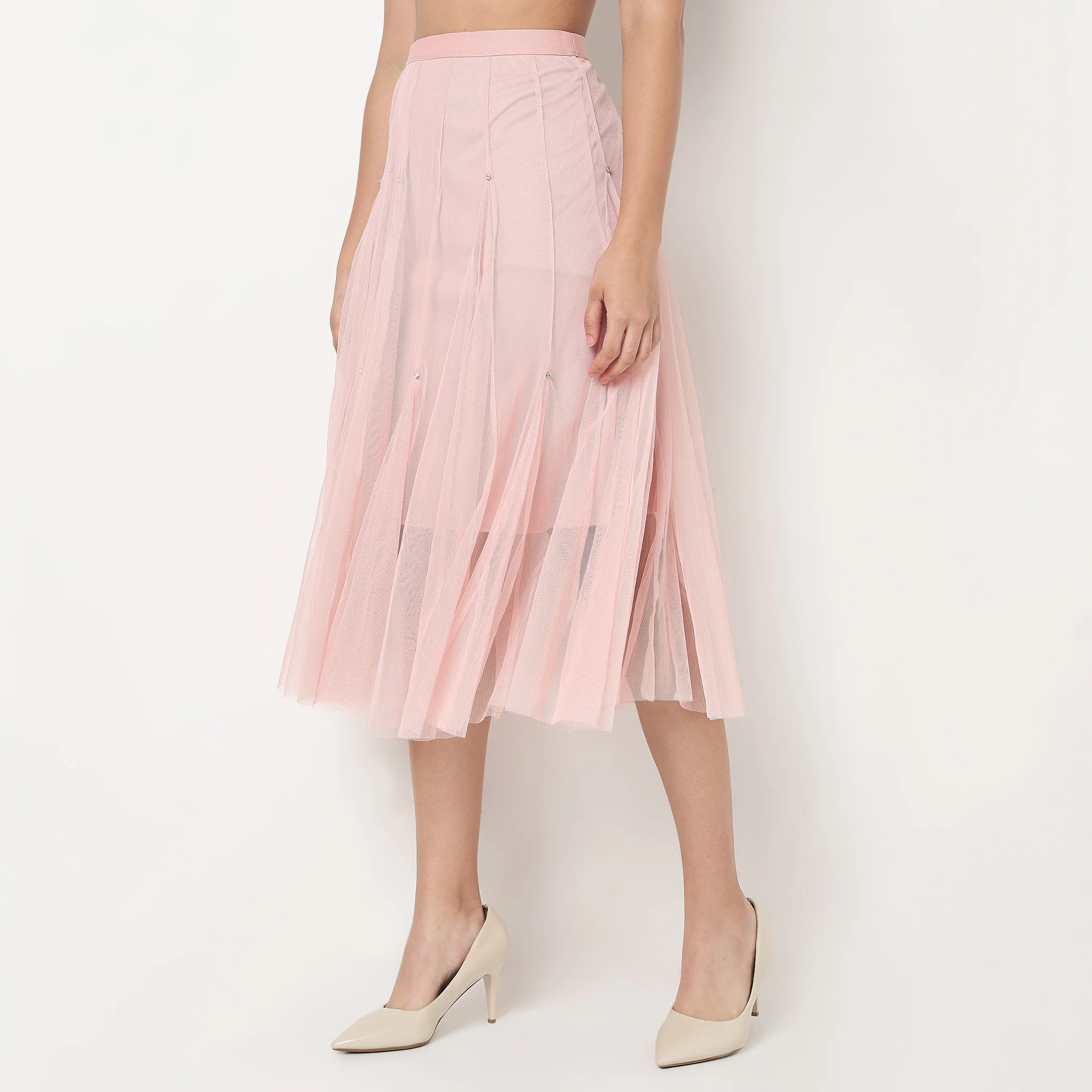 Tulle Panelled Flare Fit Skirt With Stud Work - Image 5