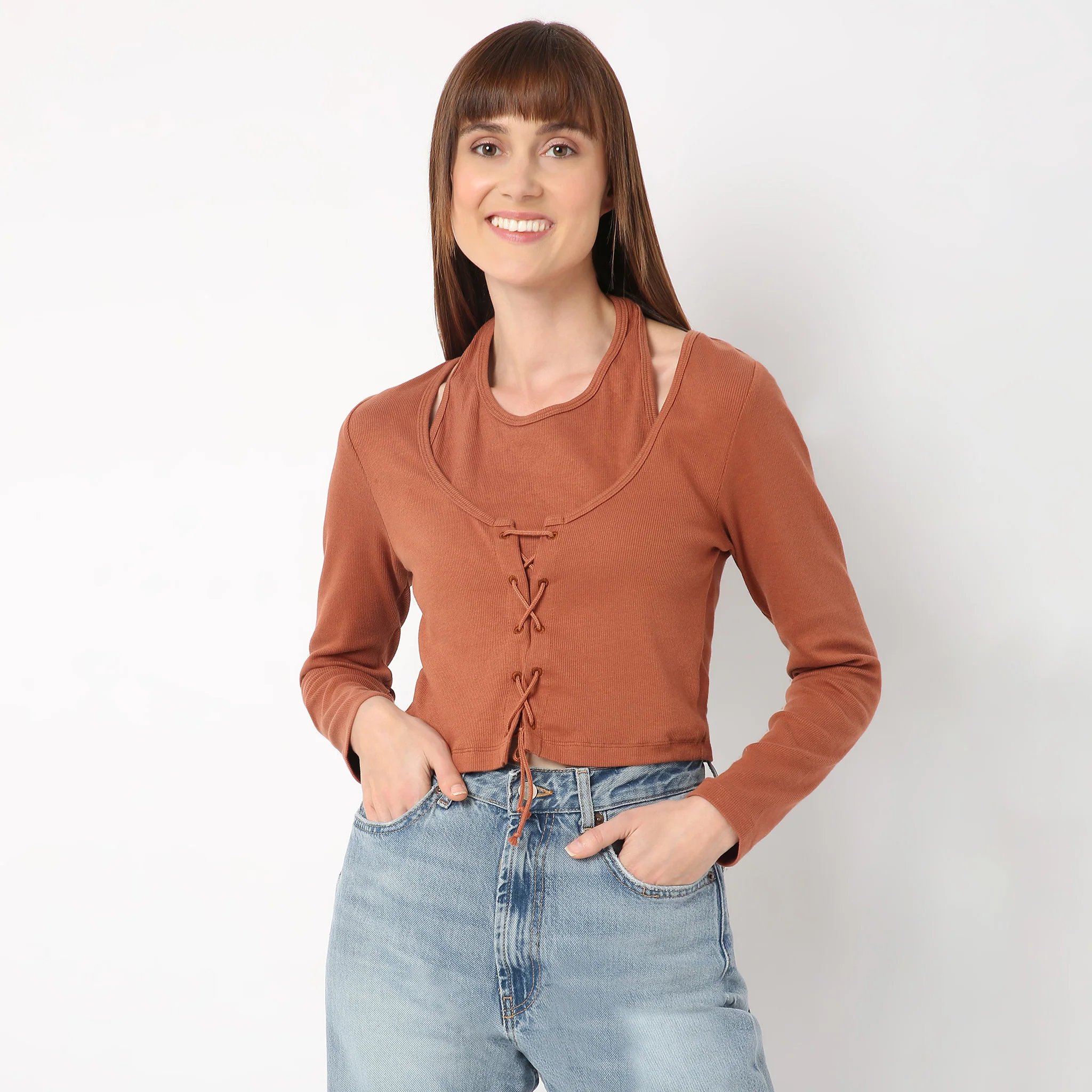 Knit Rib Full Sleeve Solid Top - Image 2