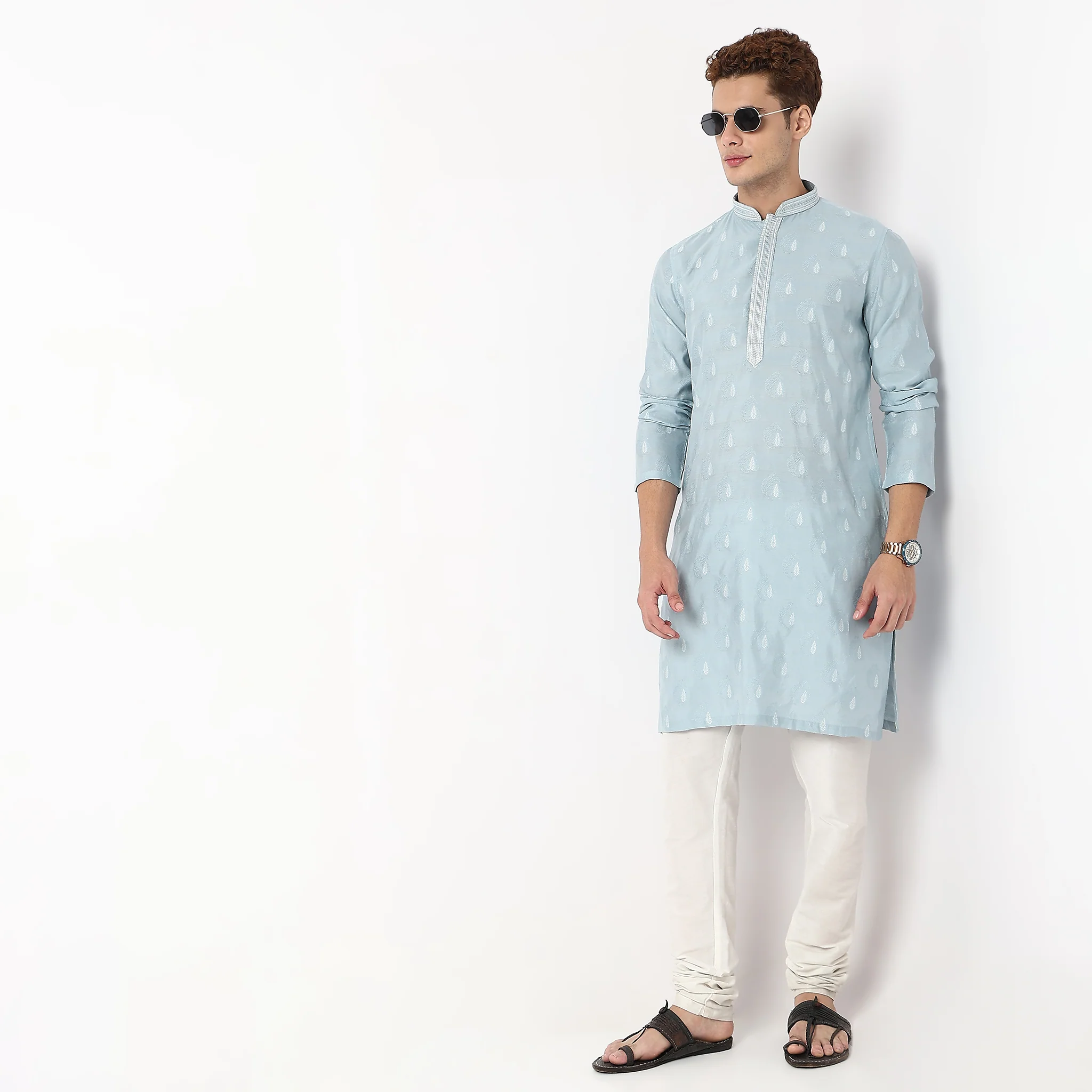Jacquard Mandarin Collar Long Kurta