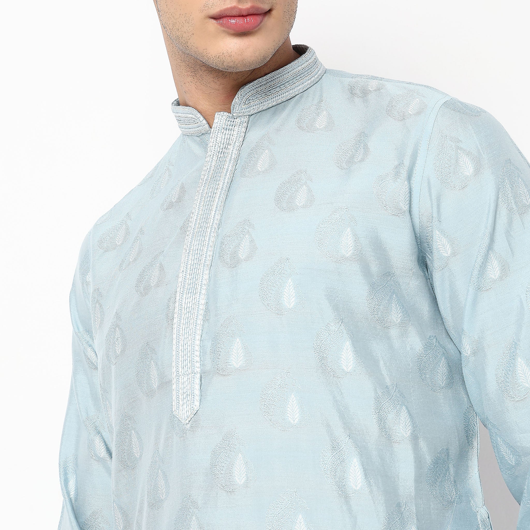 Jacquard Mandarin Collar Long Kurta - Image 4