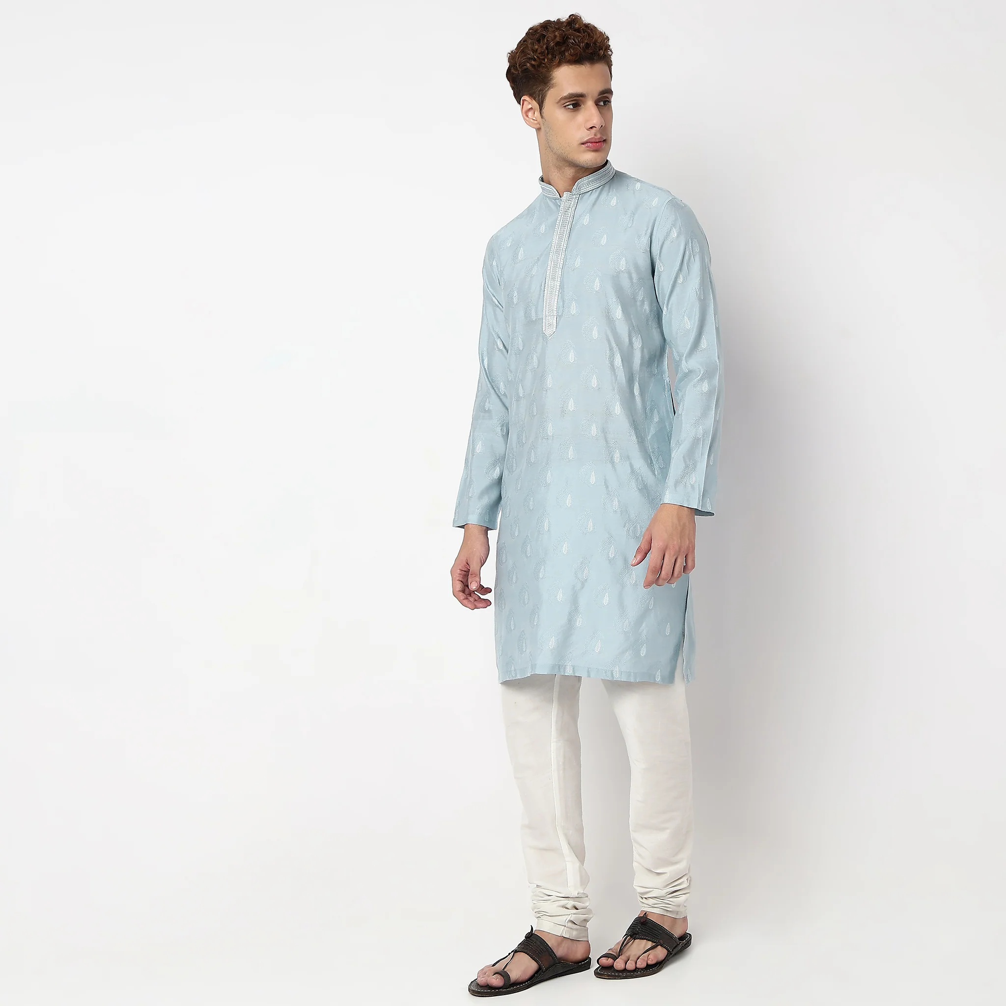 Jacquard Mandarin Collar Long Kurta - Image 5