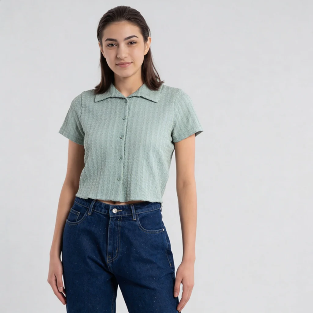 Knitted Solid Crop Shirt - Image 2