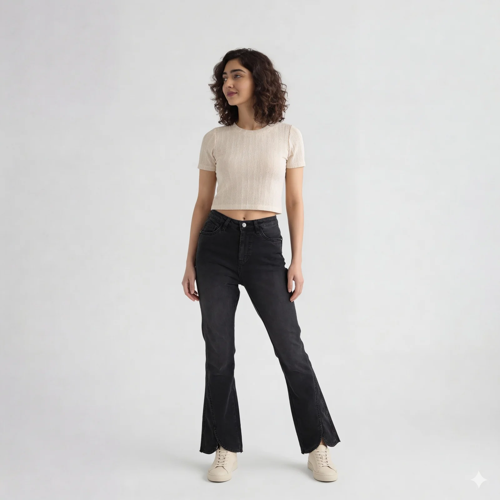 Knitted Solid Slim Fit Crop T-Shirt