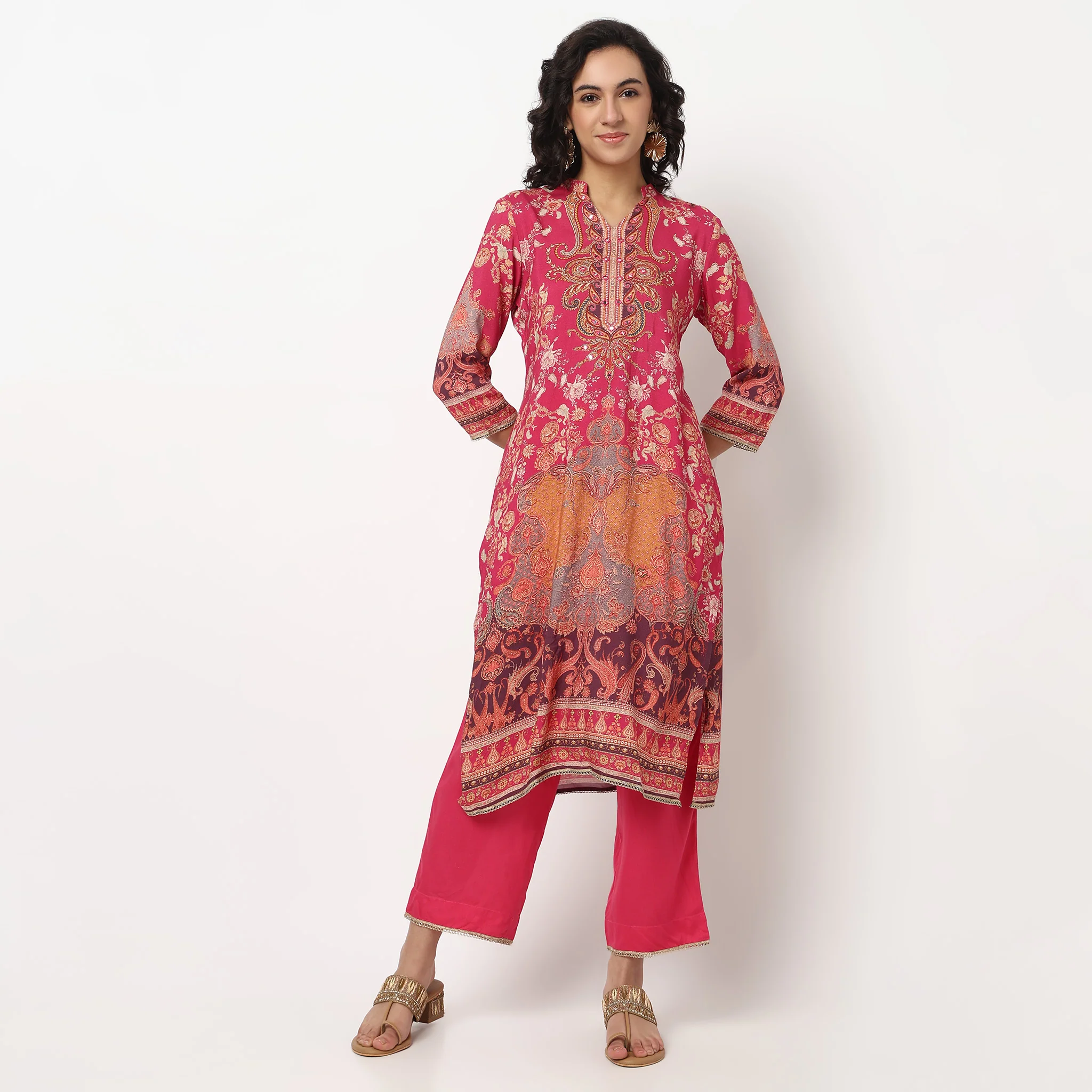 Printed Band Collar Kurta Set with Dupatta - Image 2