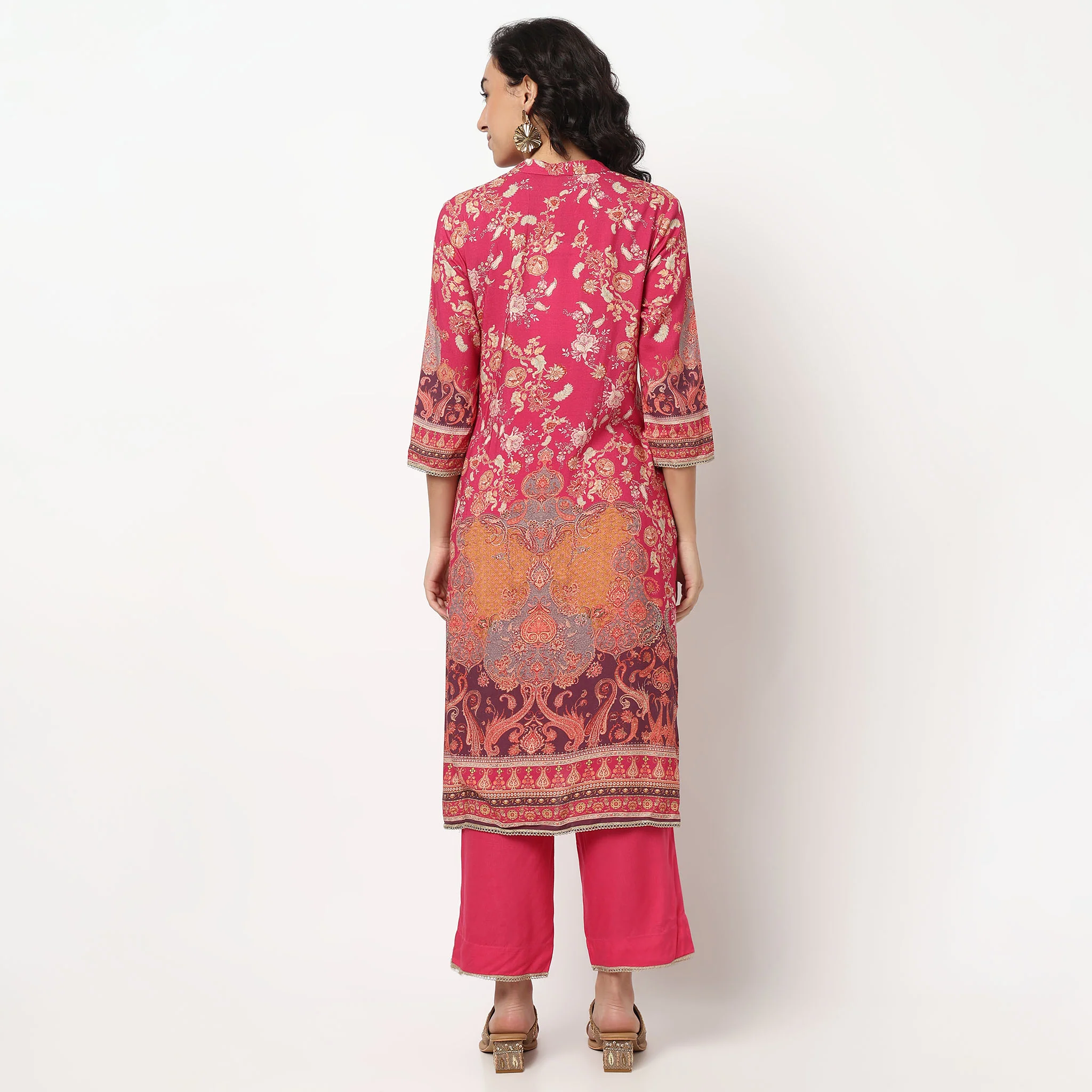 Printed Band Collar Kurta Set with Dupatta - Image 3