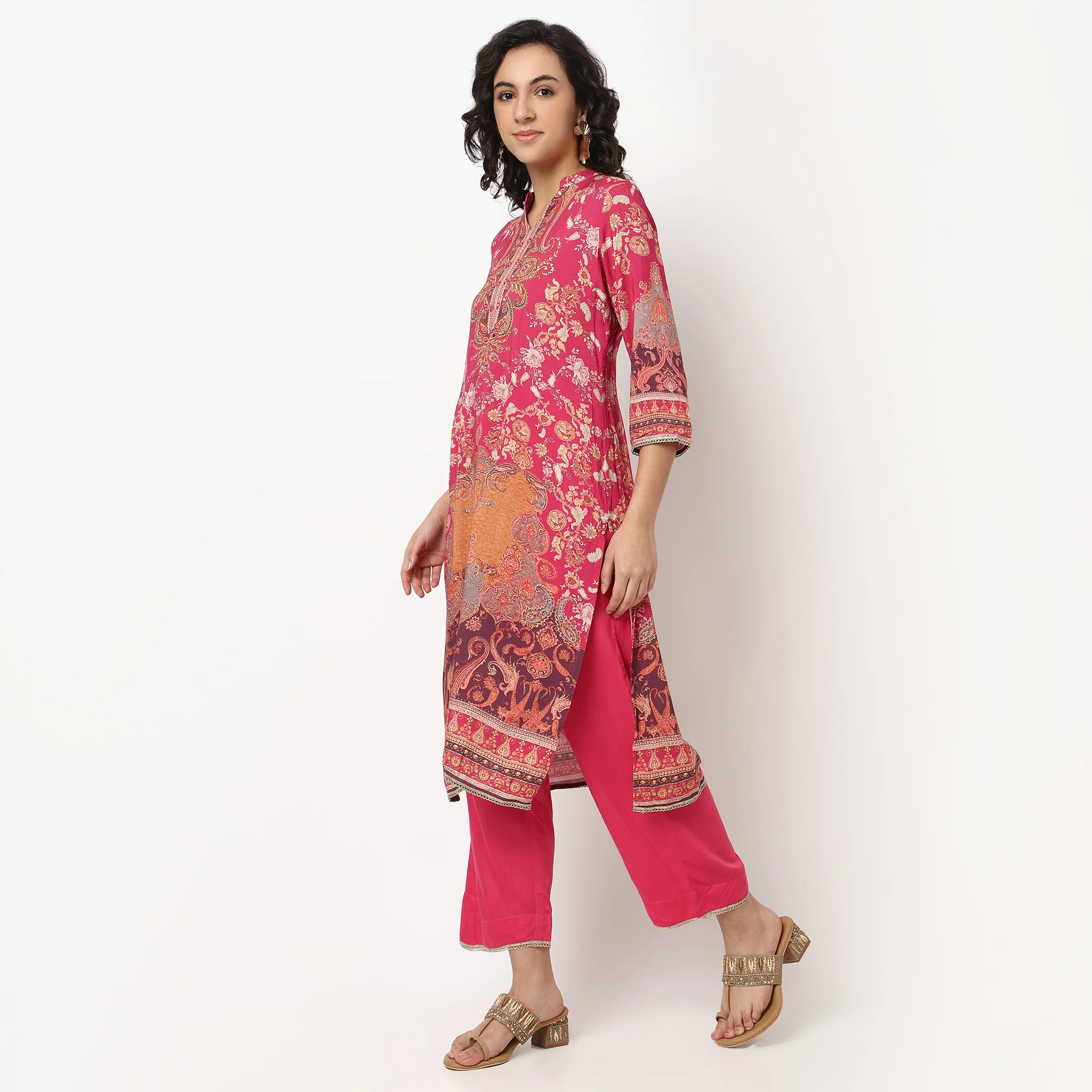 Printed Band Collar Kurta Set with Dupatta - Image 5