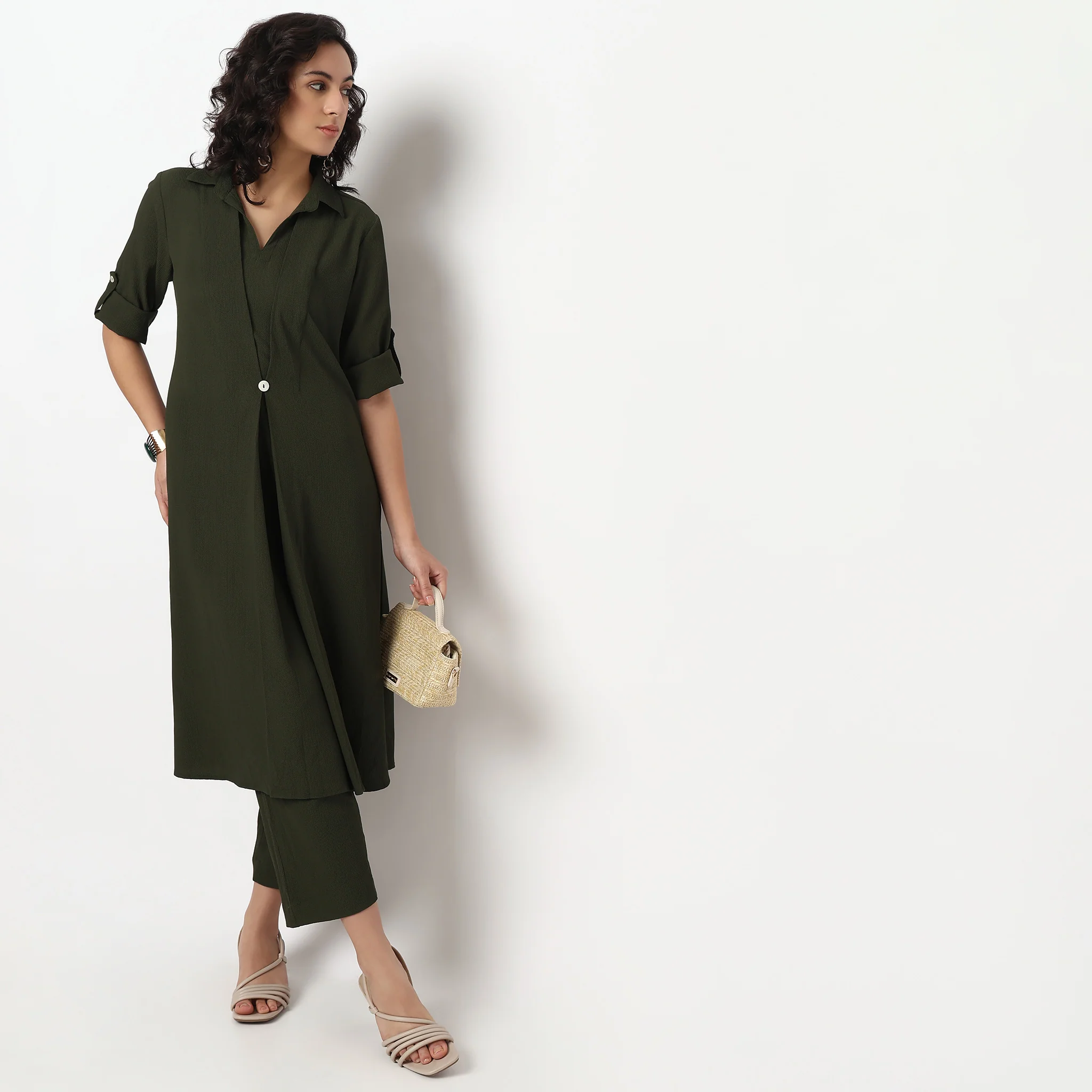 Lapel Collar A line Kurta Set with Pant