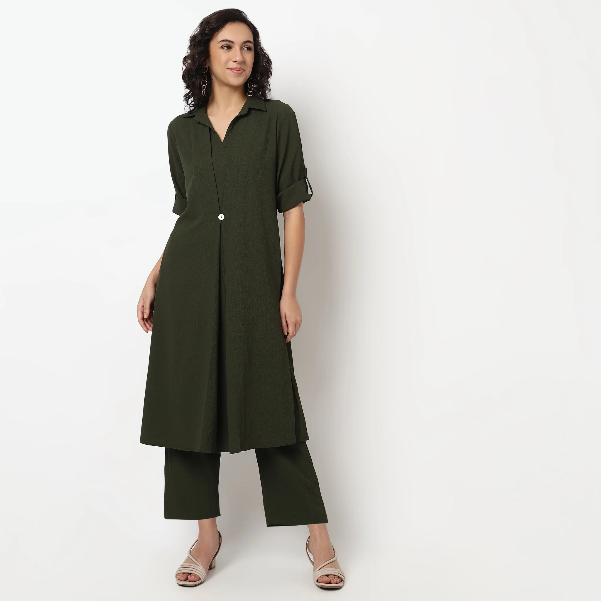 Lapel Collar A line Kurta Set with Pant - Image 2