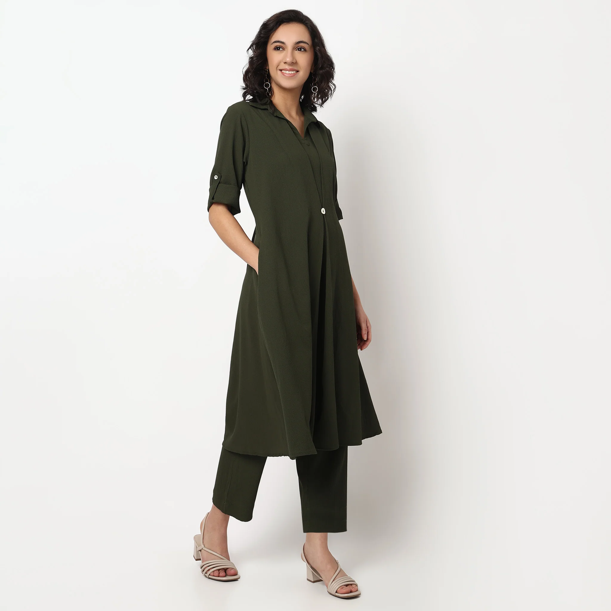 Lapel Collar A line Kurta Set with Pant - Image 5