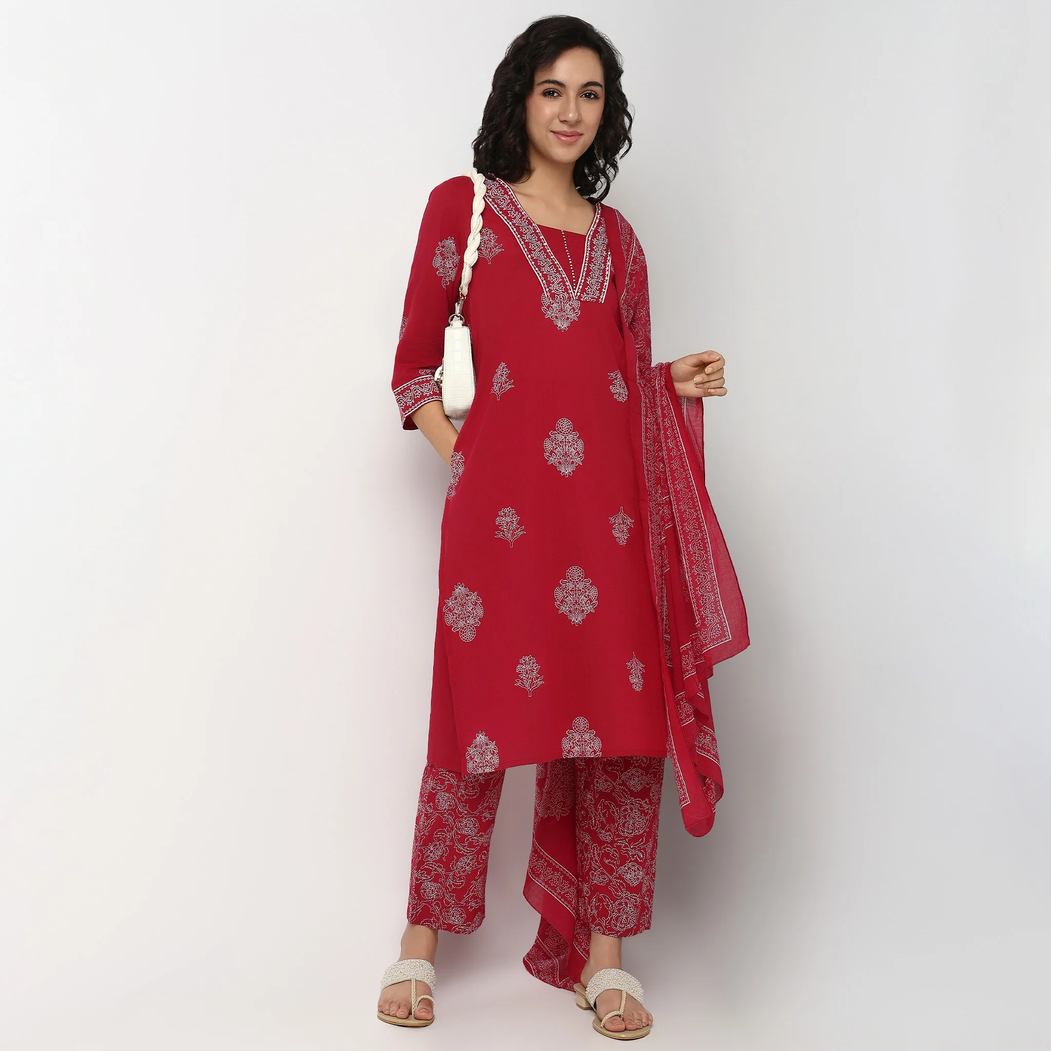 Printed Cotton V Neck Kurta Set with Dupatta