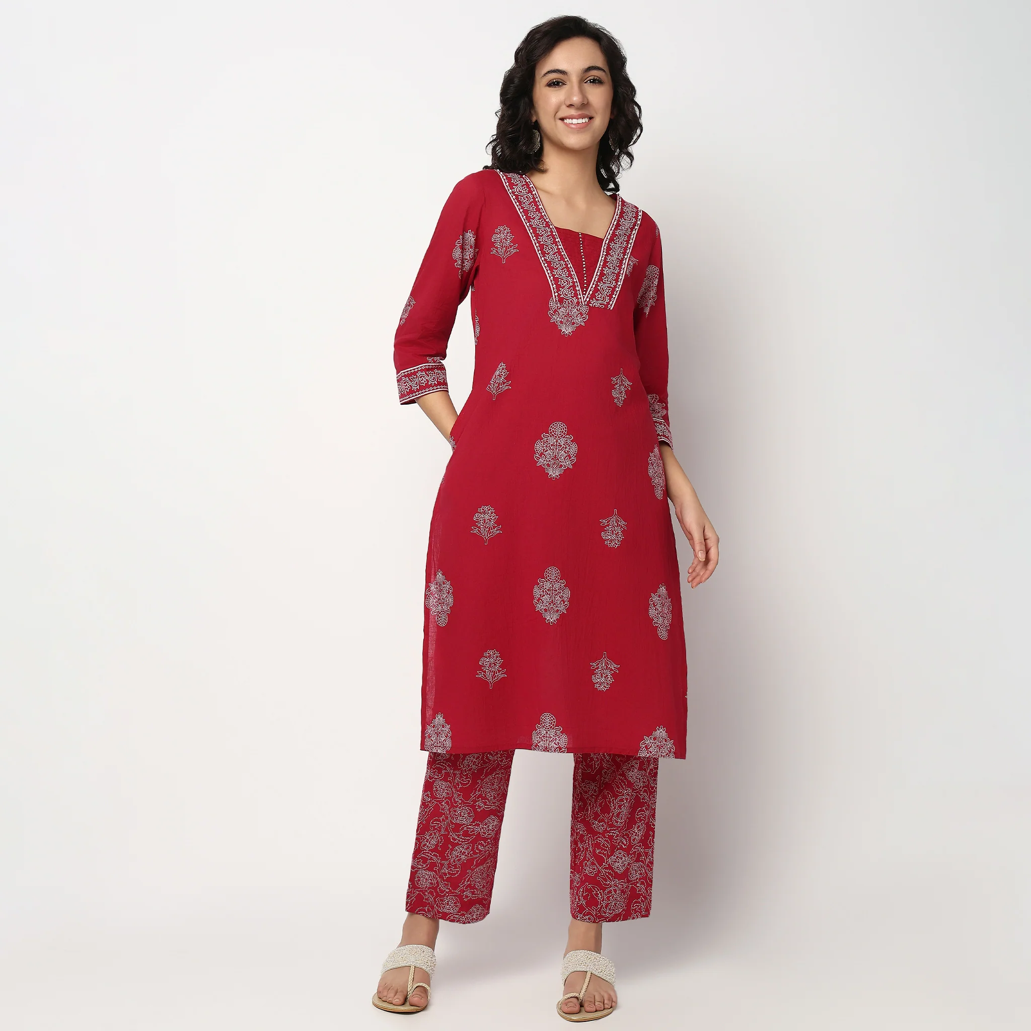 Printed Cotton V Neck Kurta Set with Dupatta - Image 2