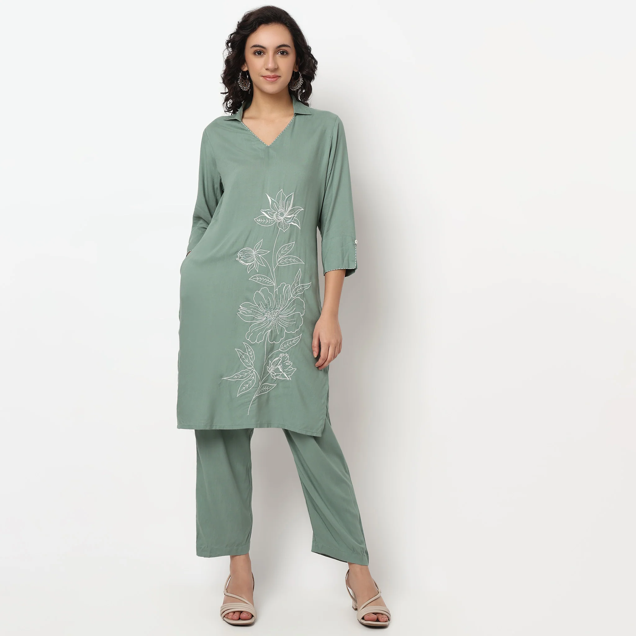 Shirt Collar Kurta Set with Pants - Image 2