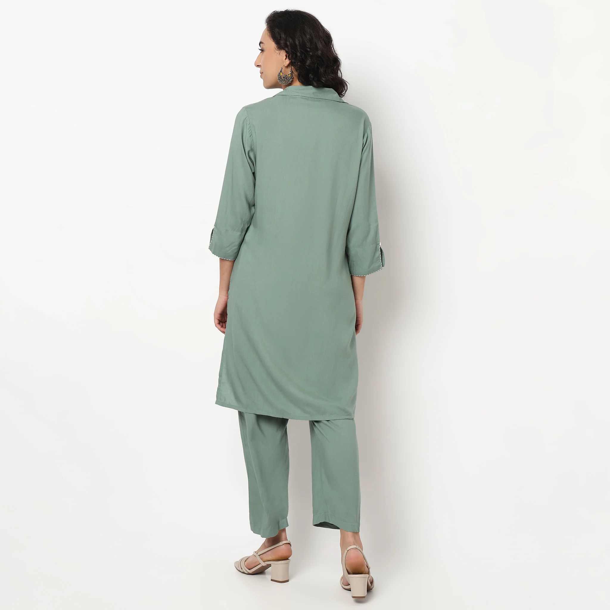 Shirt Collar Kurta Set with Pants - Image 3