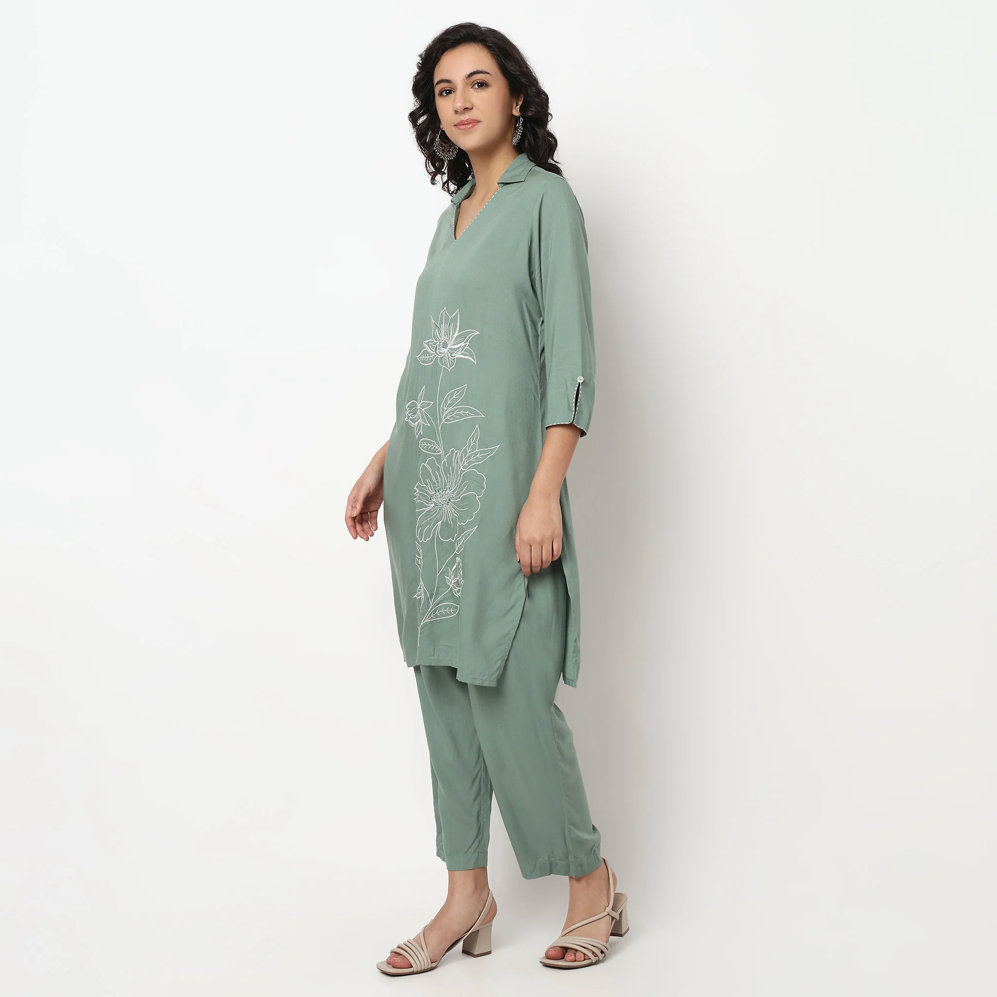 Shirt Collar Kurta Set with Pants - Image 5