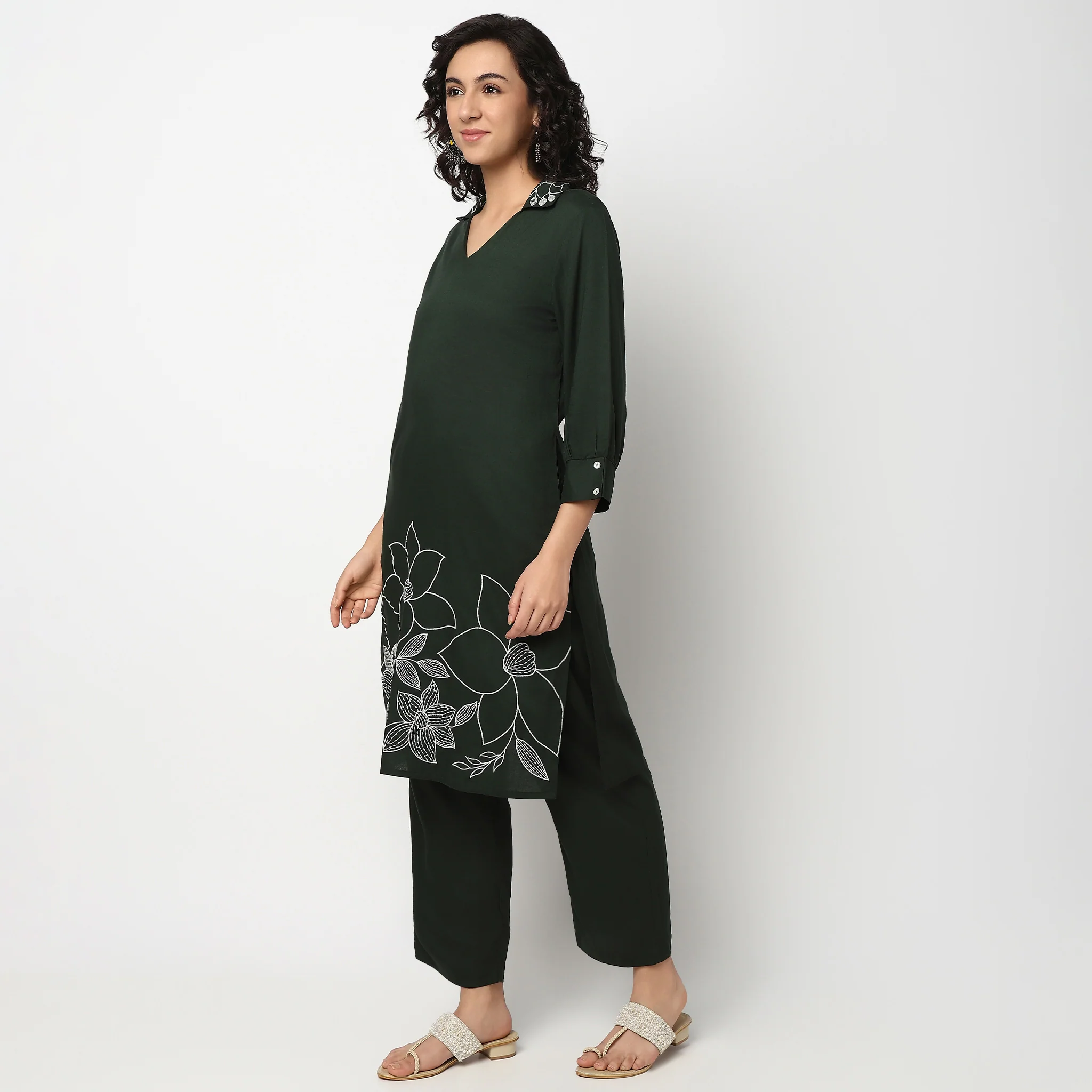 Shirt Collar Kurta Set with Pants - Image 7