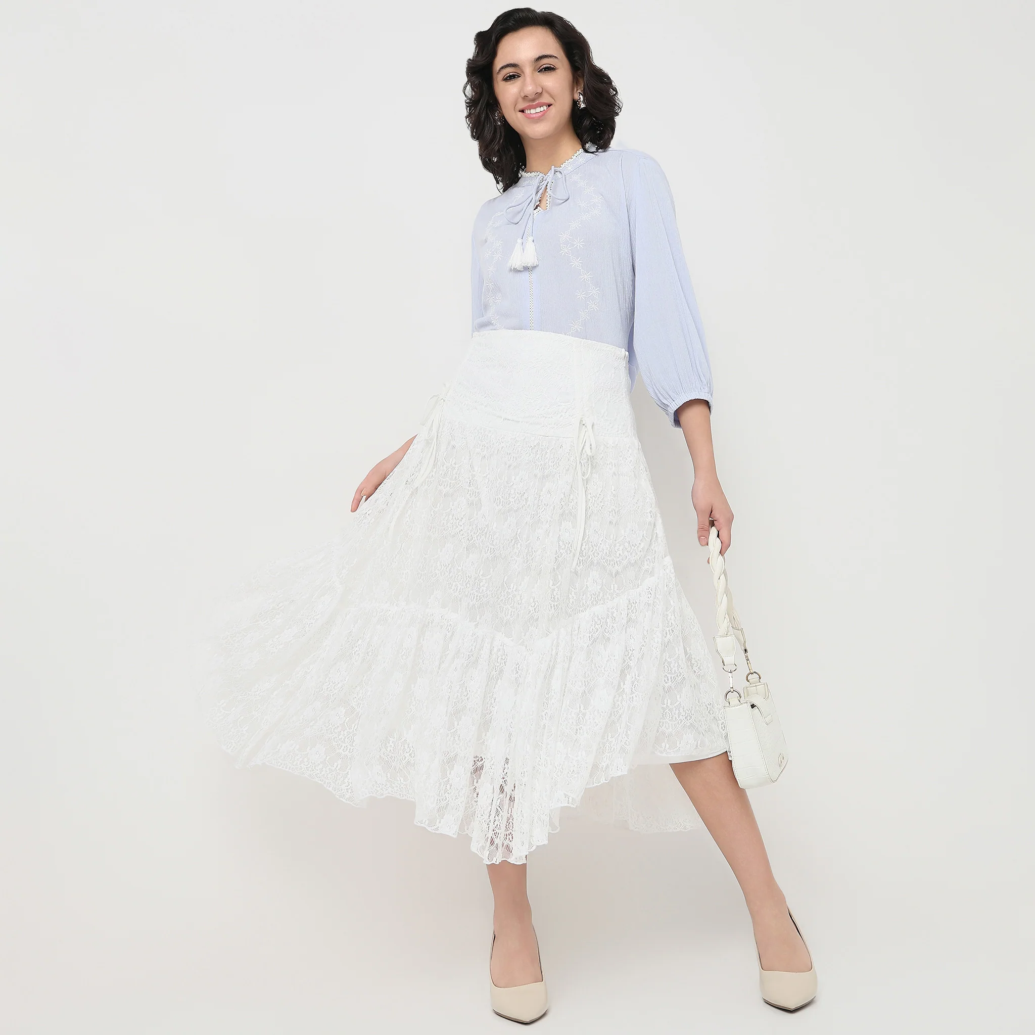 Laced High Rise Calf Length Flared Skirt