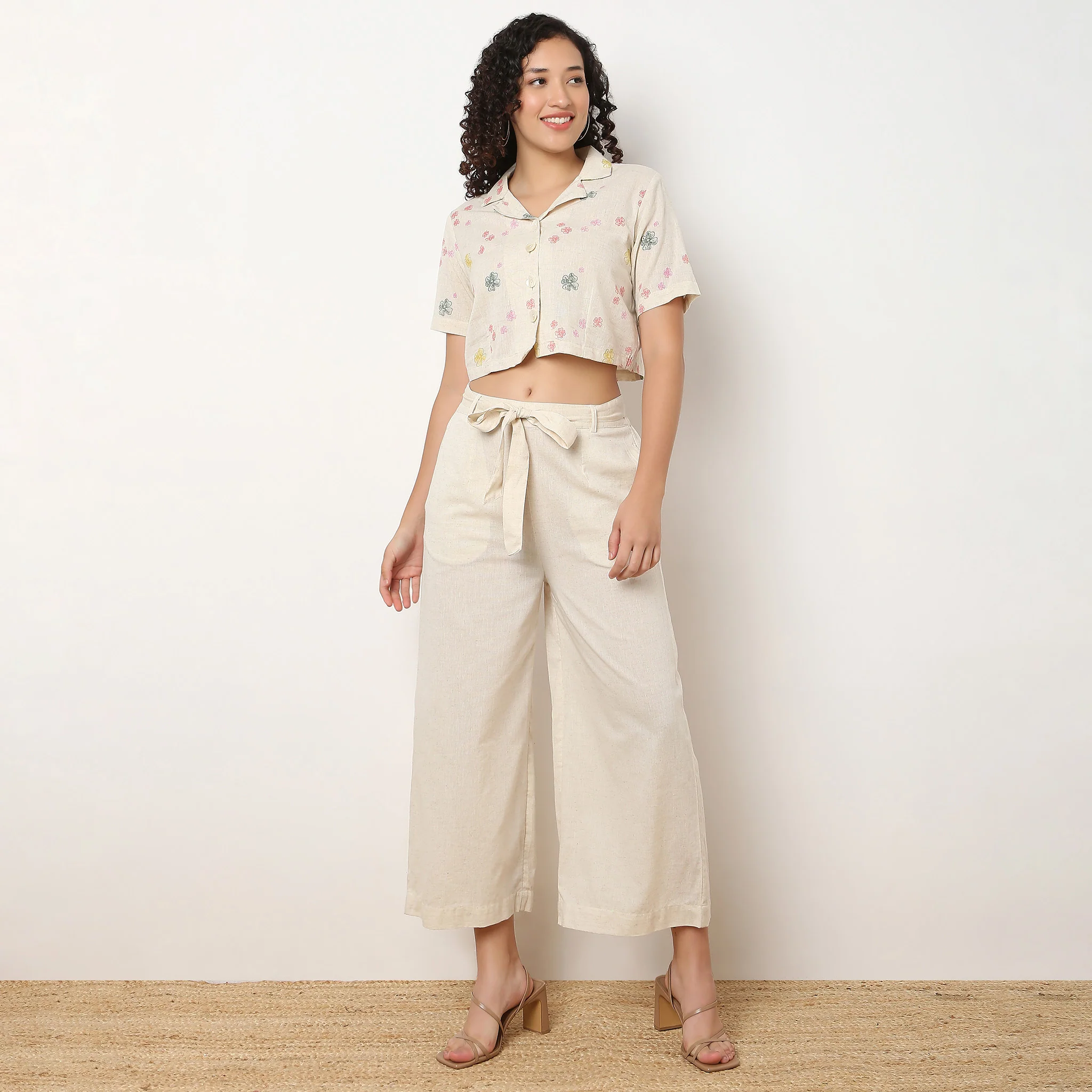 Printed Lapel Collar Crop Shirt