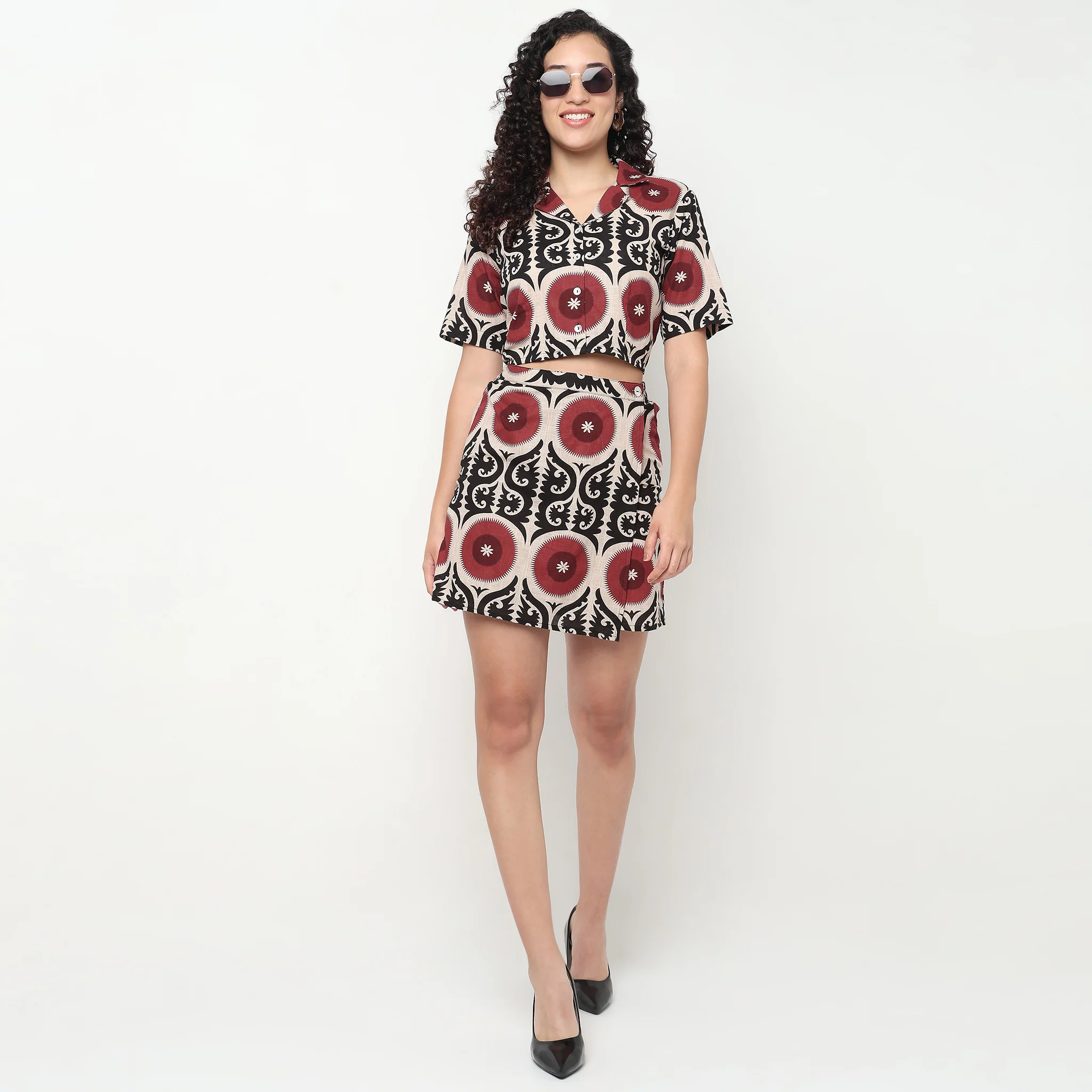 Printed Lapel Collar Crop Shirt