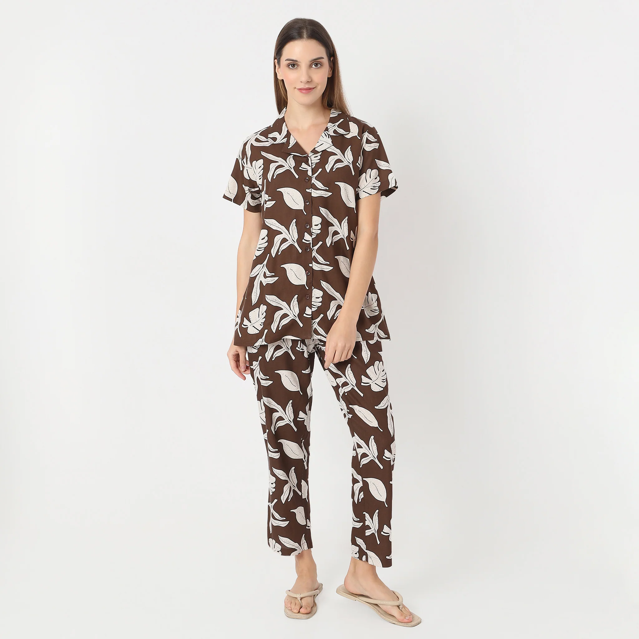 Lapel Collar Floral Shirt With Pyjama Sleepwear Set - Image 2