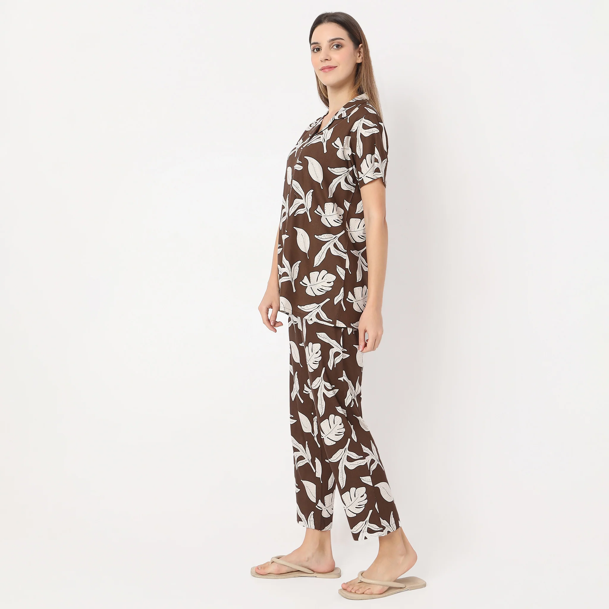 Lapel Collar Floral Shirt With Pyjama Sleepwear Set - Image 5