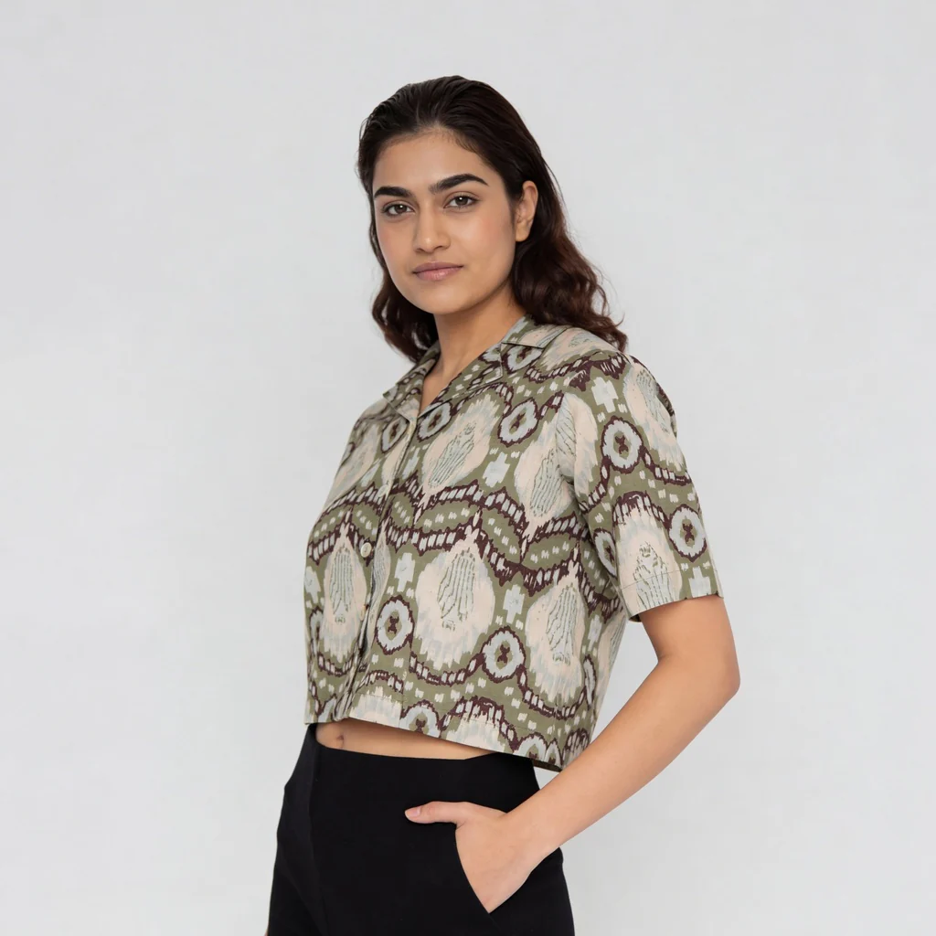 Lapel Collar Printed Crop Shirt - Image 5