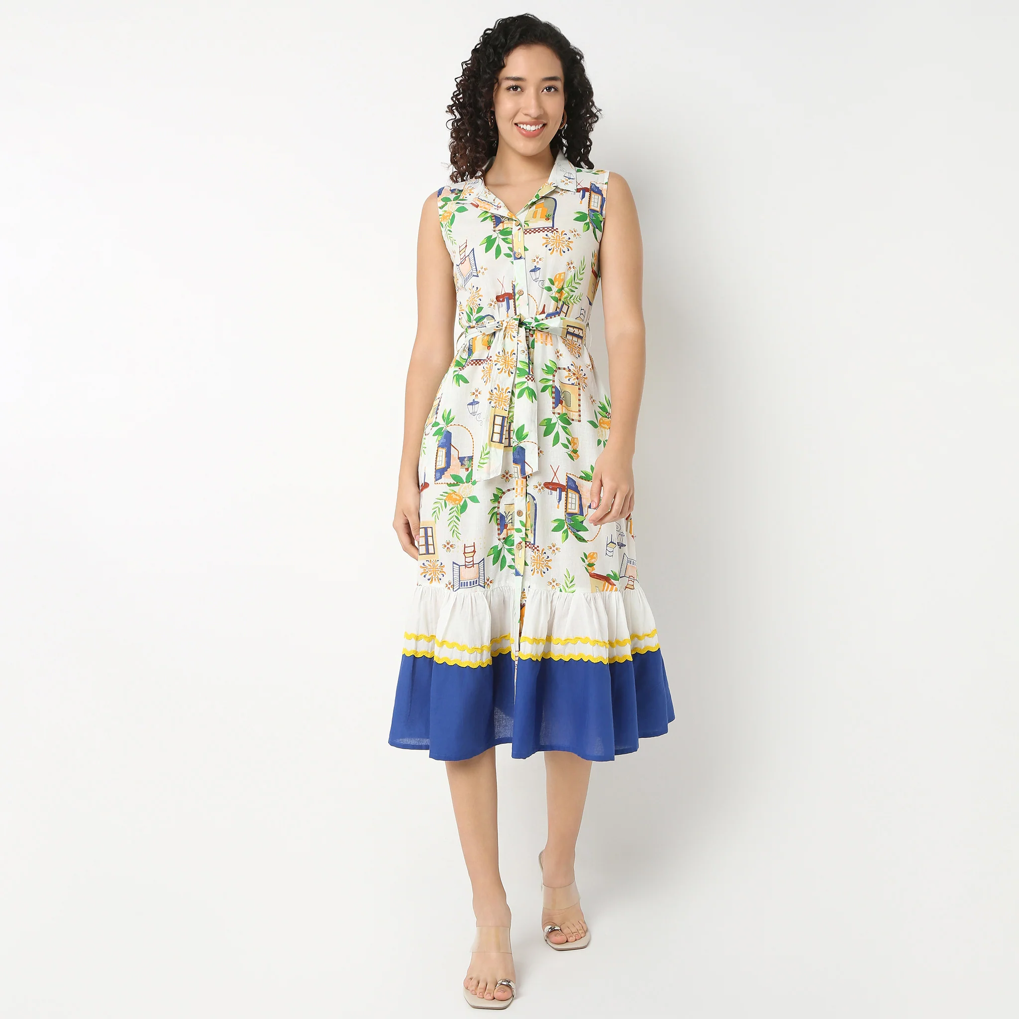 Lapel Collar Sleeveless Printed Dress - Image 2