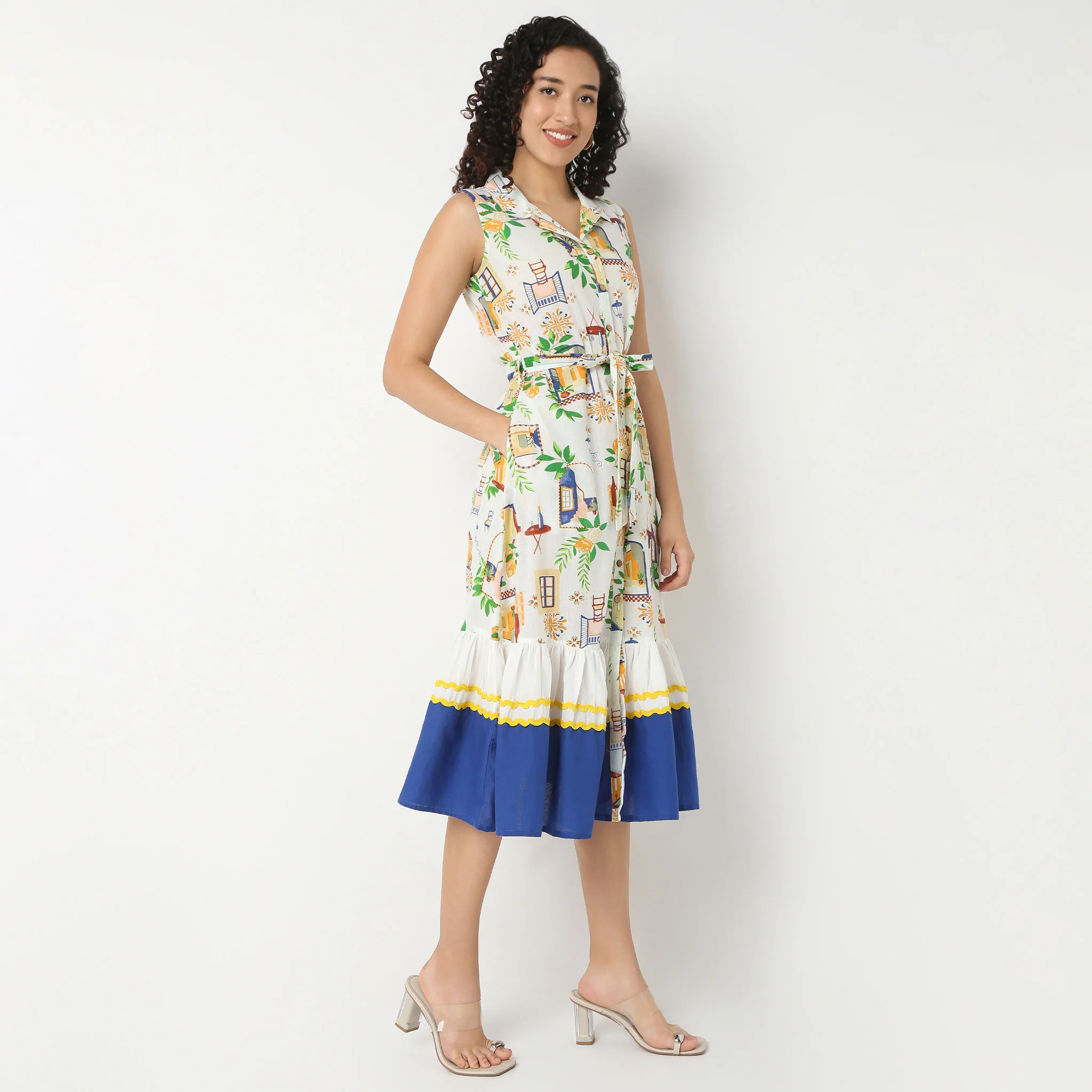 Lapel Collar Sleeveless Printed Dress - Image 5