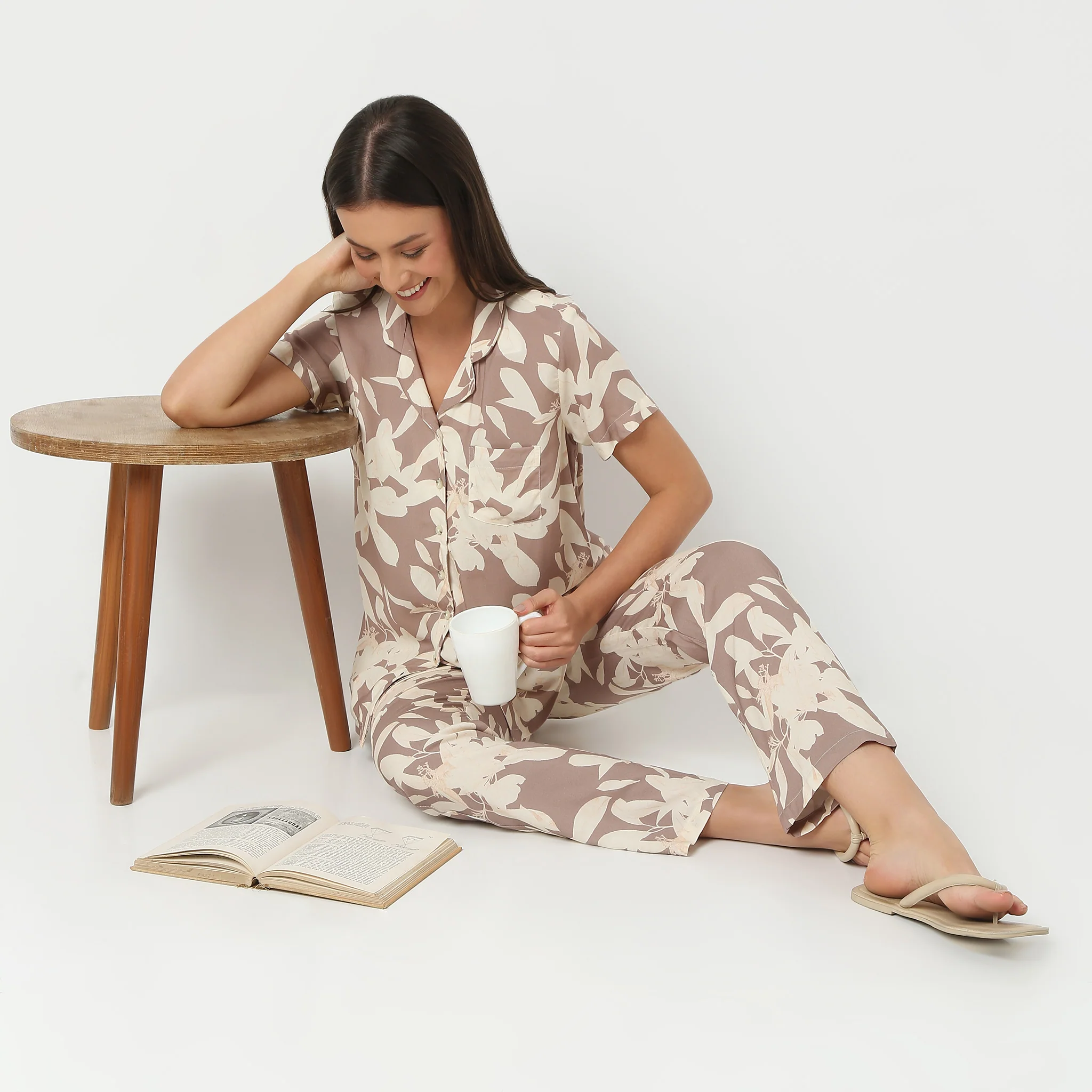 Lapel Collar Three-Fourth Sleeve Printed Top With Pyjama Sleepwear Set