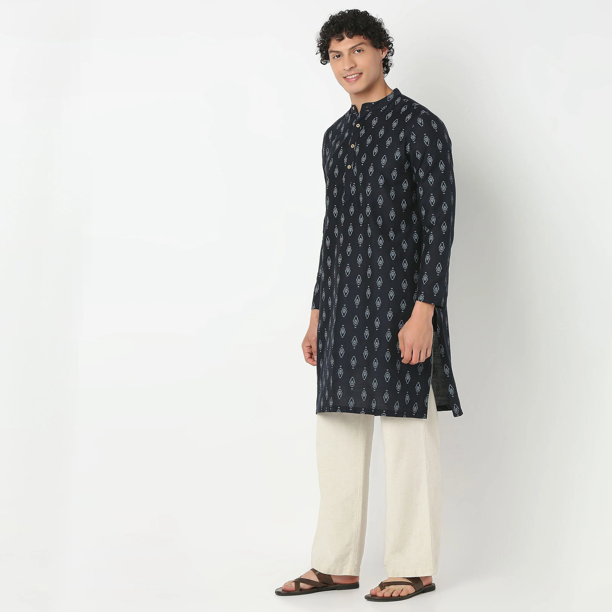 Mandarin Collar Three Fourth Sleeve Straight Fit Printed Long Kurta - Image 5