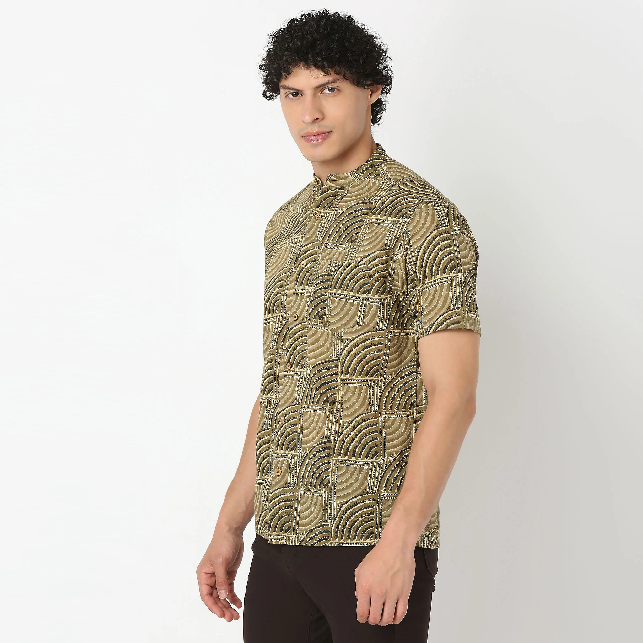 Mandarin Collar Half Sleeve Block Print Shirt - Image 5