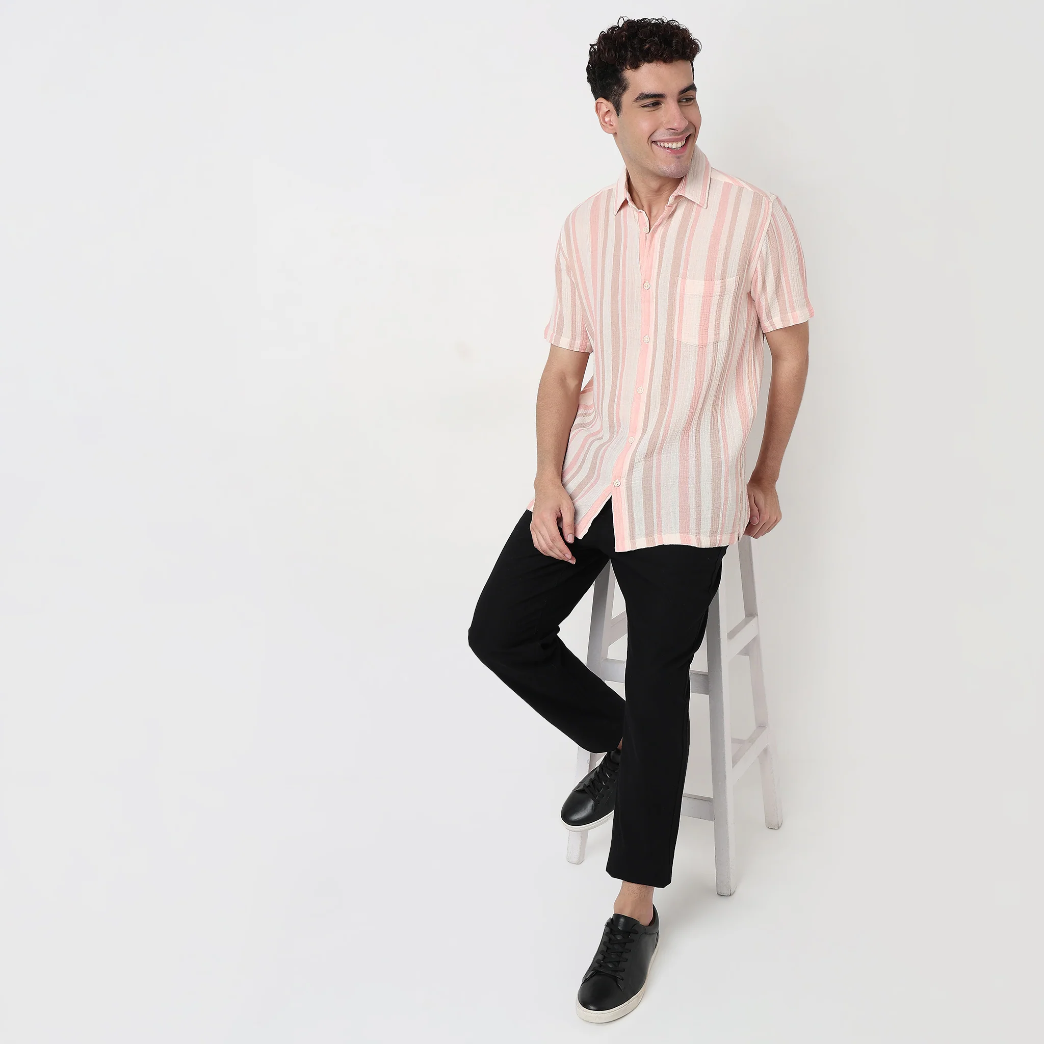 Striped Cotton Mandarin Yarn Dyed Shirt