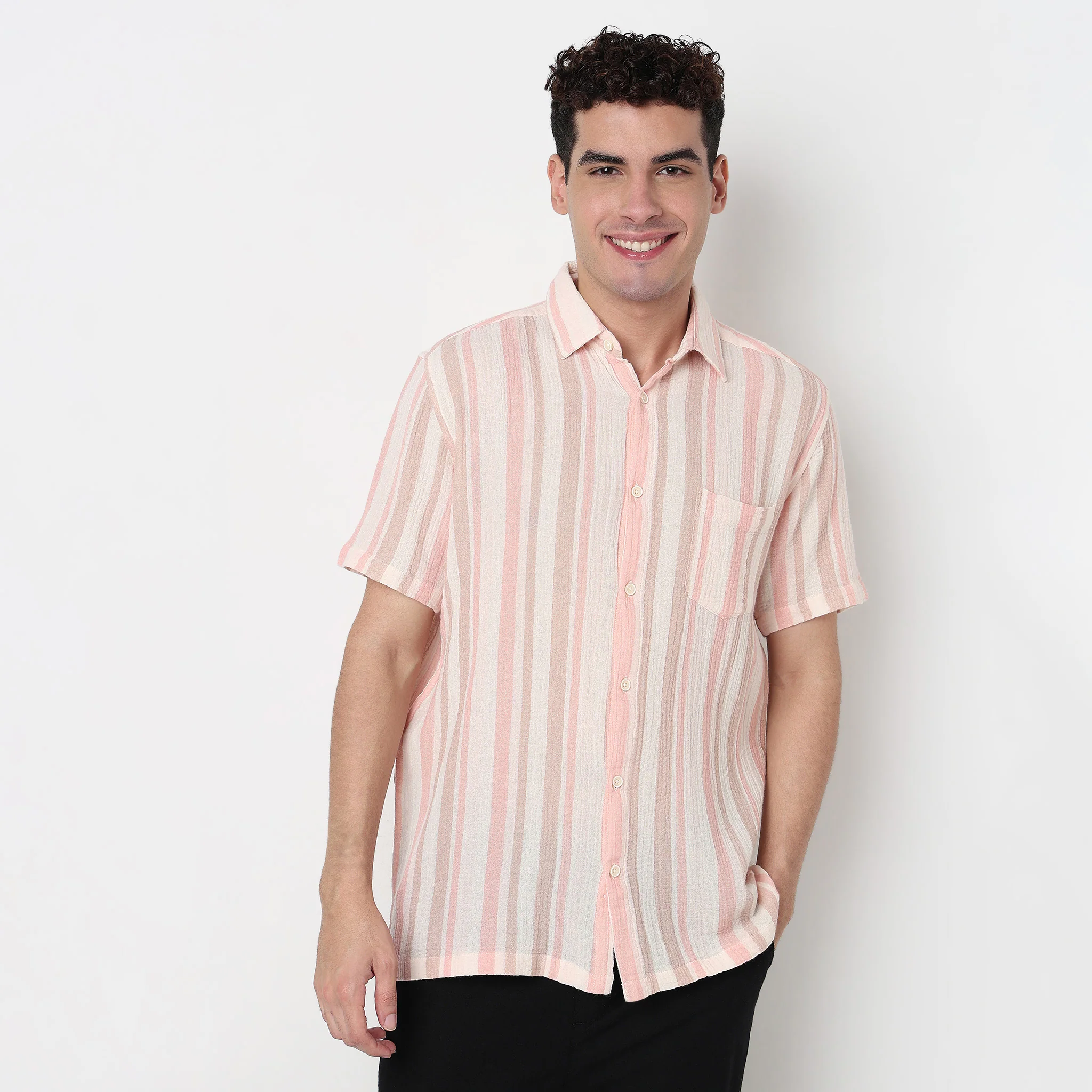 Striped Cotton Mandarin Yarn Dyed Shirt - Image 2