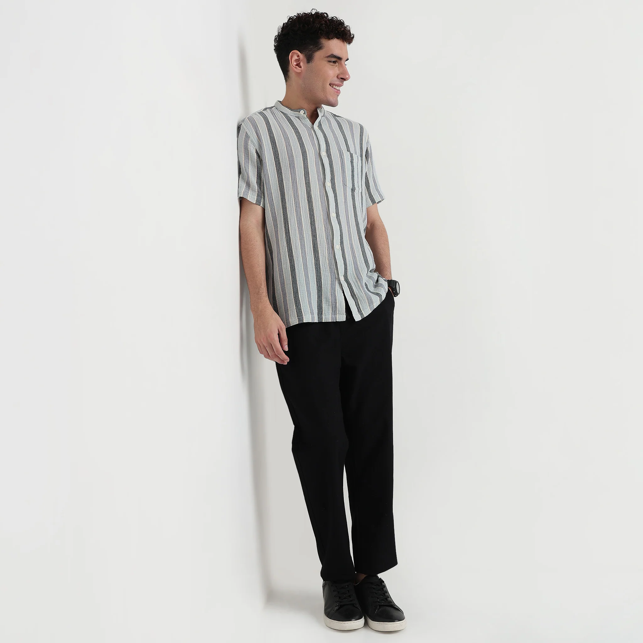 Striped Cotton Mandarin Yarn Dyed Shirt