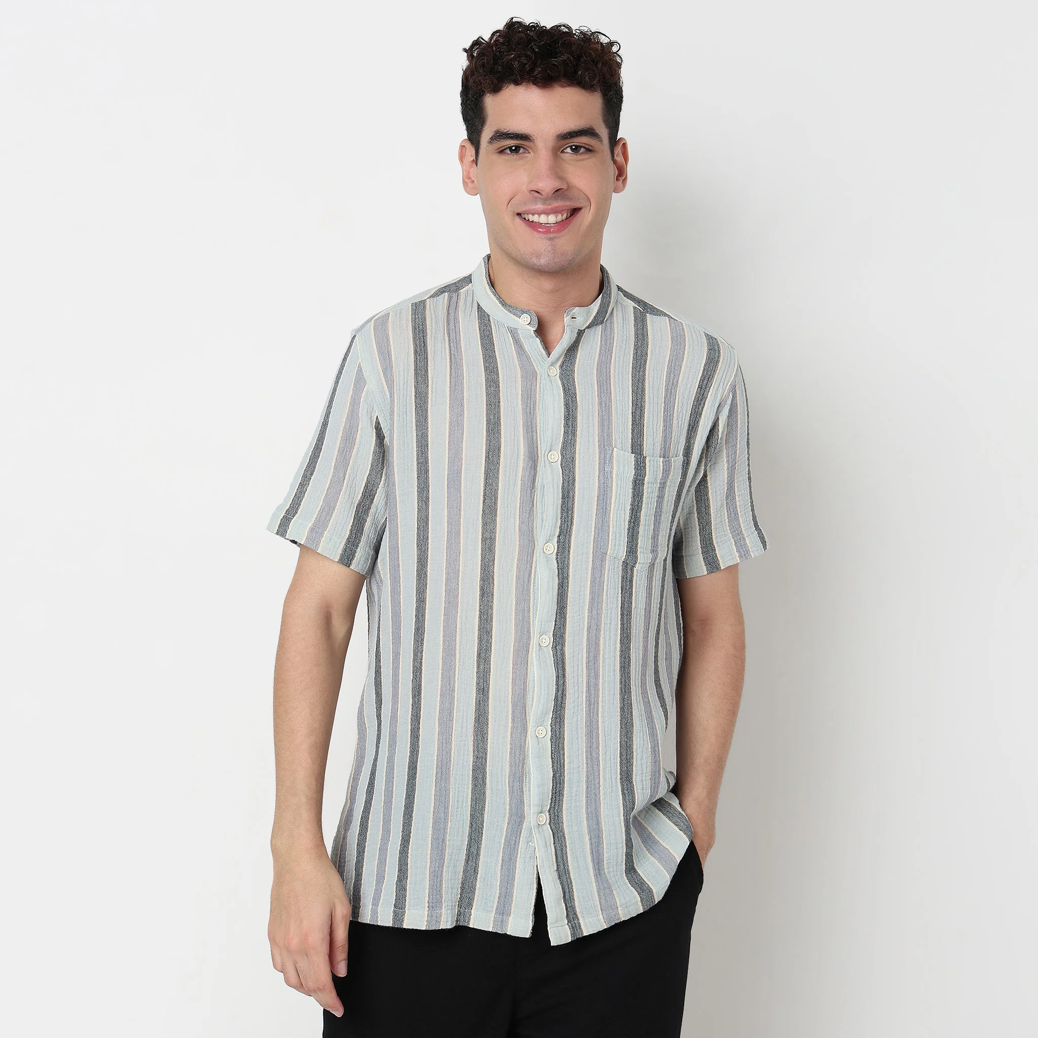 Striped Cotton Mandarin Yarn Dyed Shirt - Image 2