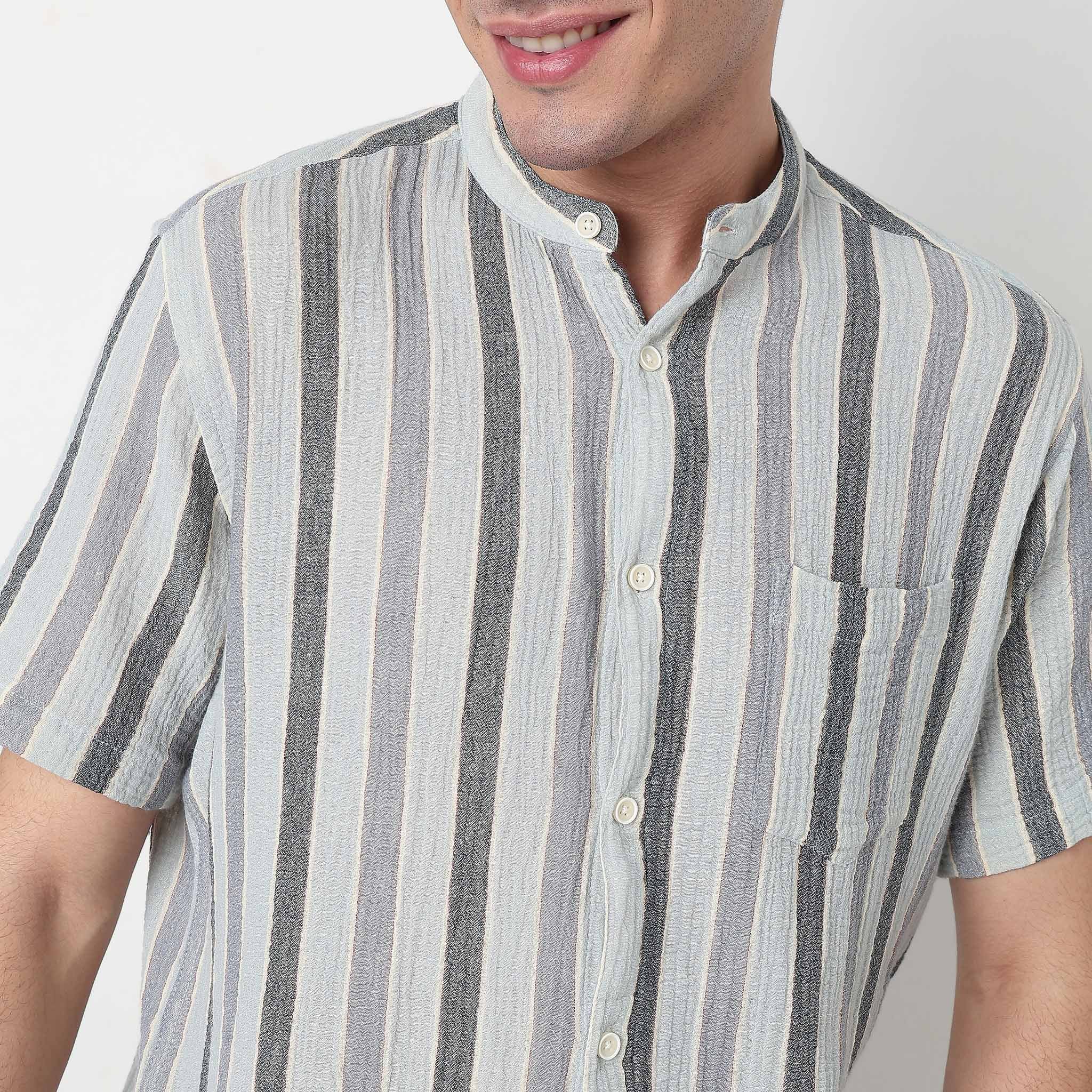 Striped Cotton Mandarin Yarn Dyed Shirt - Image 4