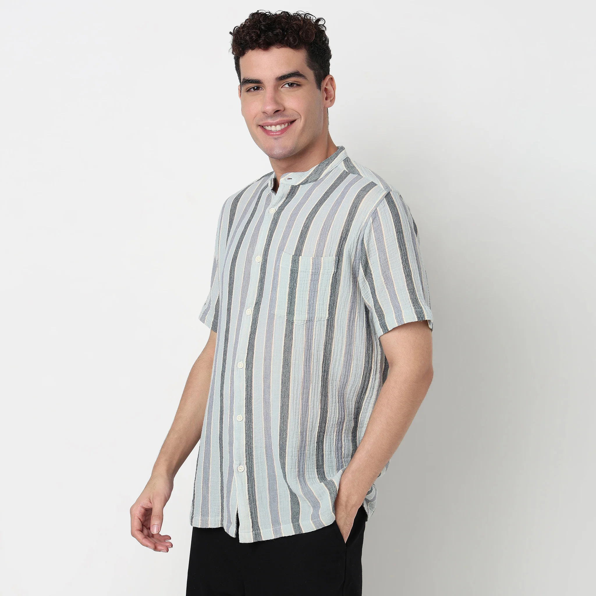 Striped Cotton Mandarin Yarn Dyed Shirt - Image 5
