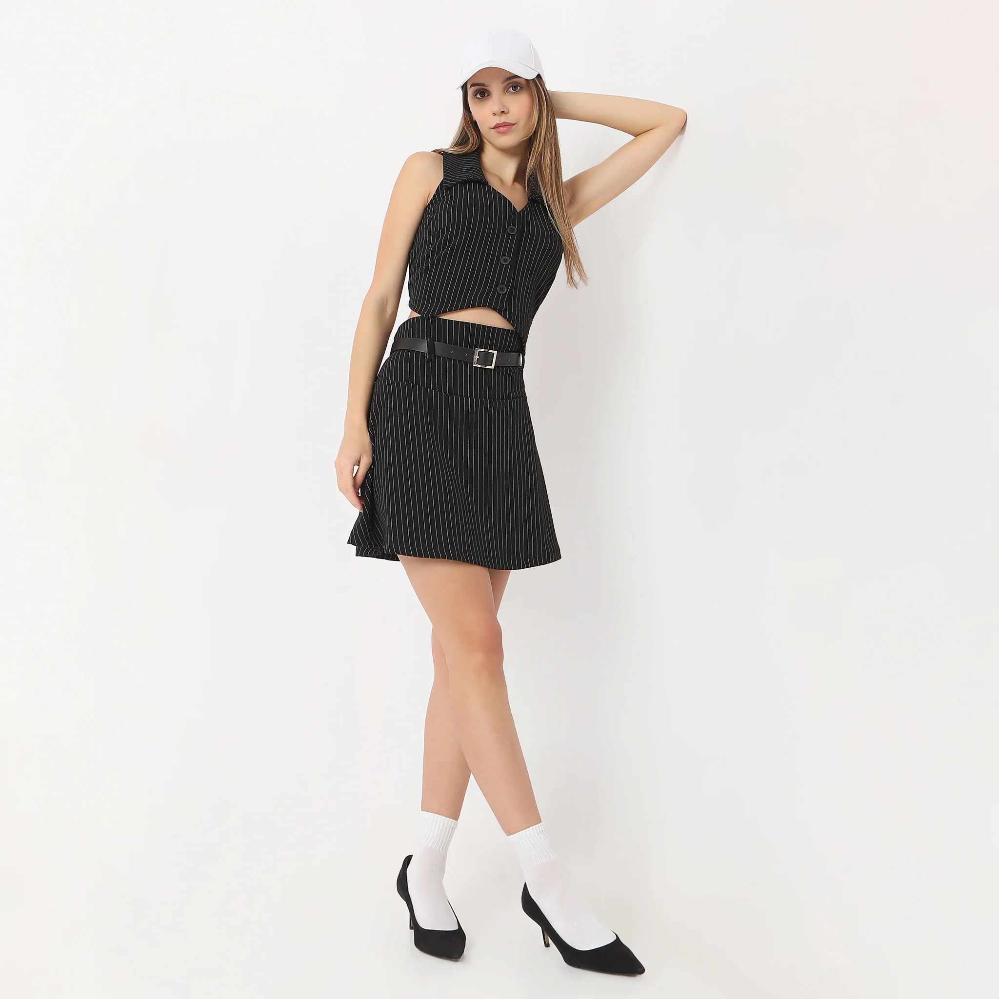 Mid Flare Striped Above Knee Length Betty High Rise Pleated Skirt