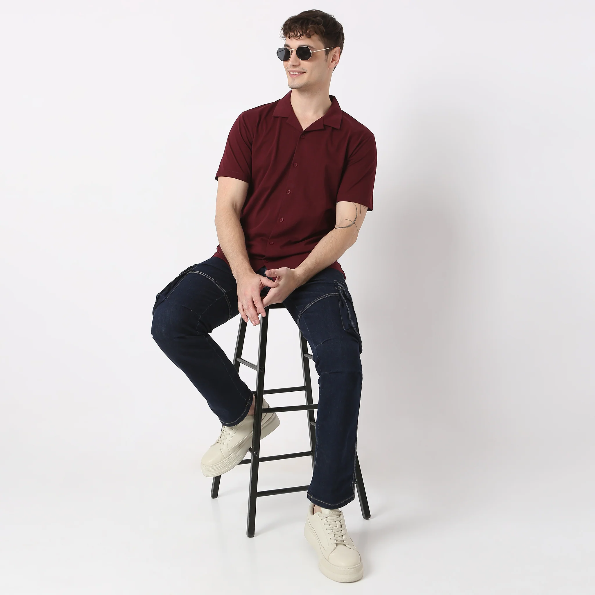 Baeᵉˣ Shirt Cotton Rich Knitted Half Sleeve Camp Collar