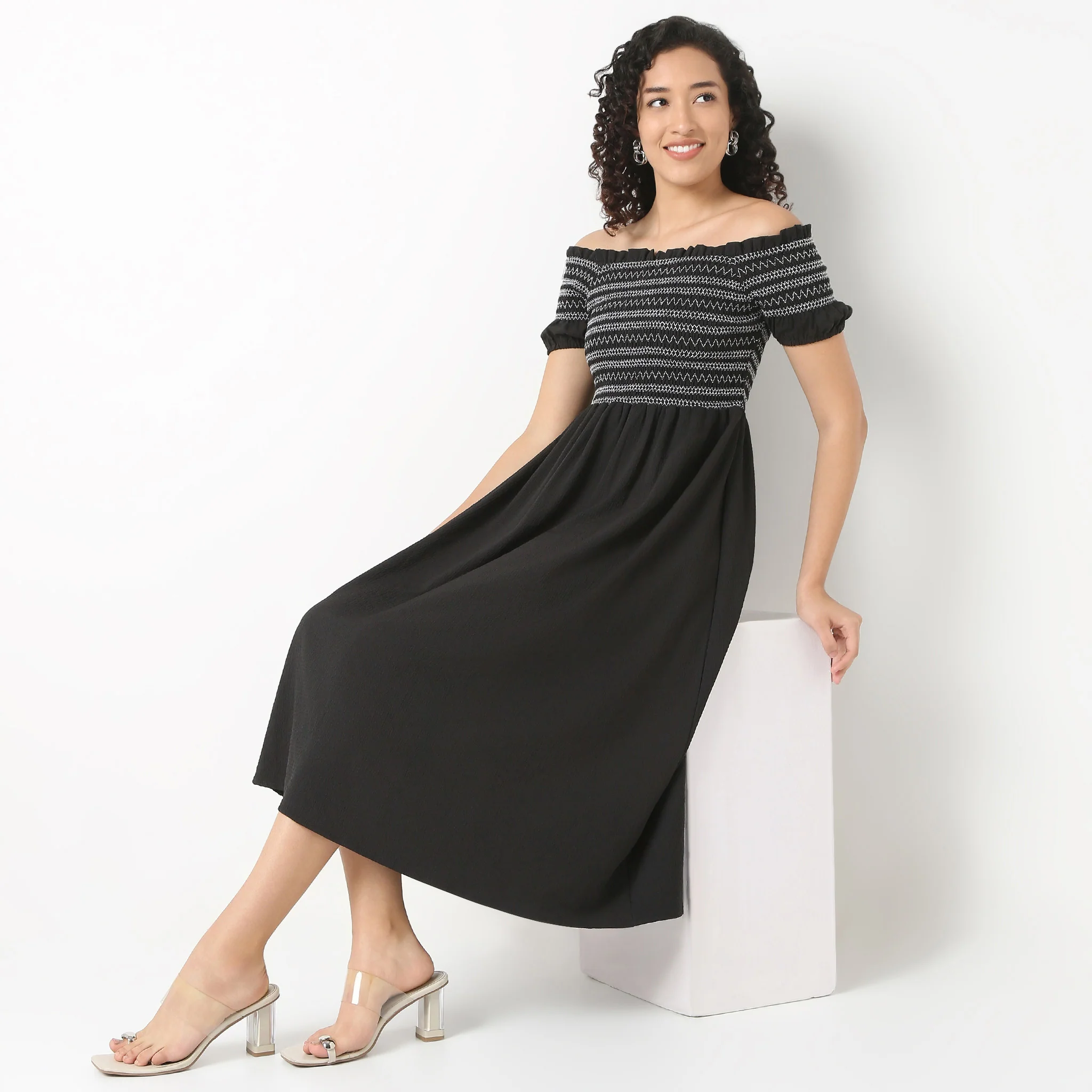 Off-Shoulder Neck Solid Flared Dress