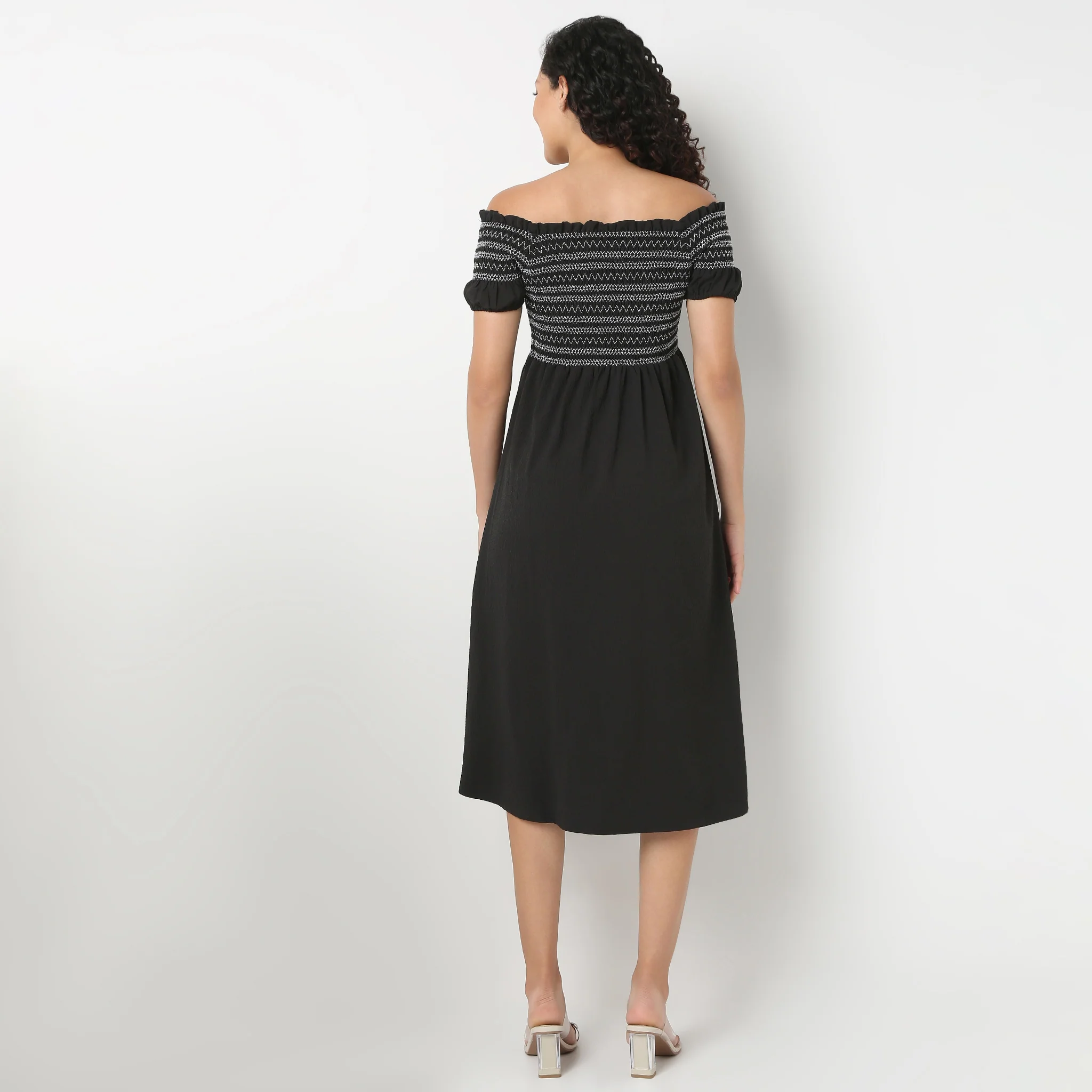 Off-Shoulder Neck Solid Flared Dress - Image 3