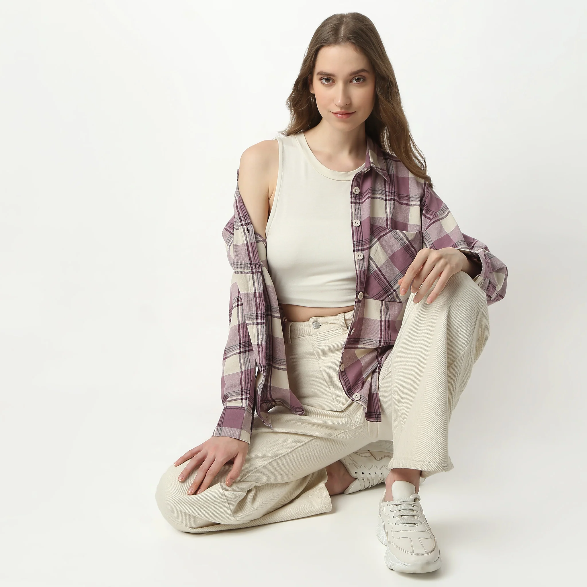 Oversize Checkered Full Sleeve Betty Longline Shirt